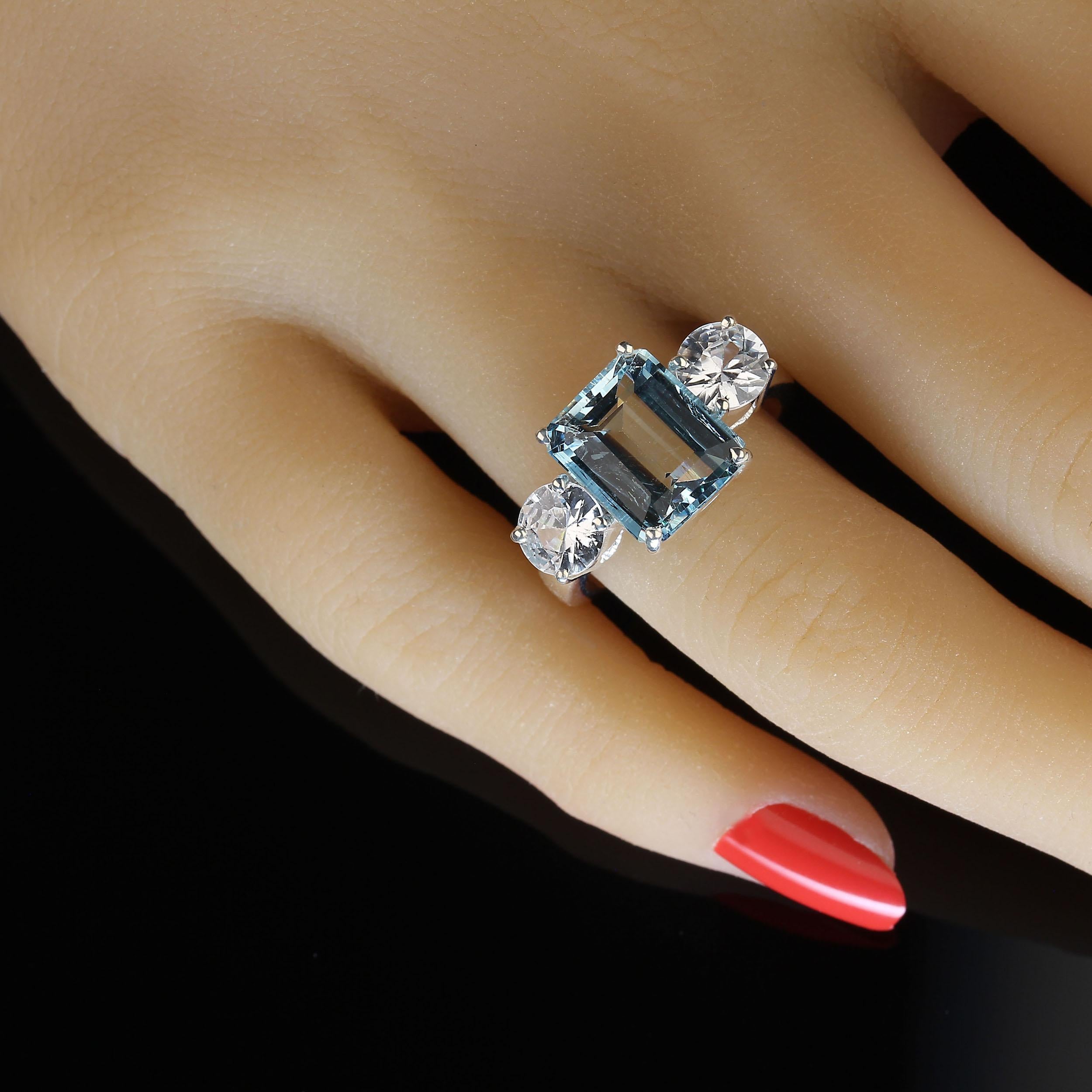 AJD Sparkling Emerald Cut Aquamarine and Genuine Zircon Ring  March Birthstone In New Condition For Sale In Raleigh, NC