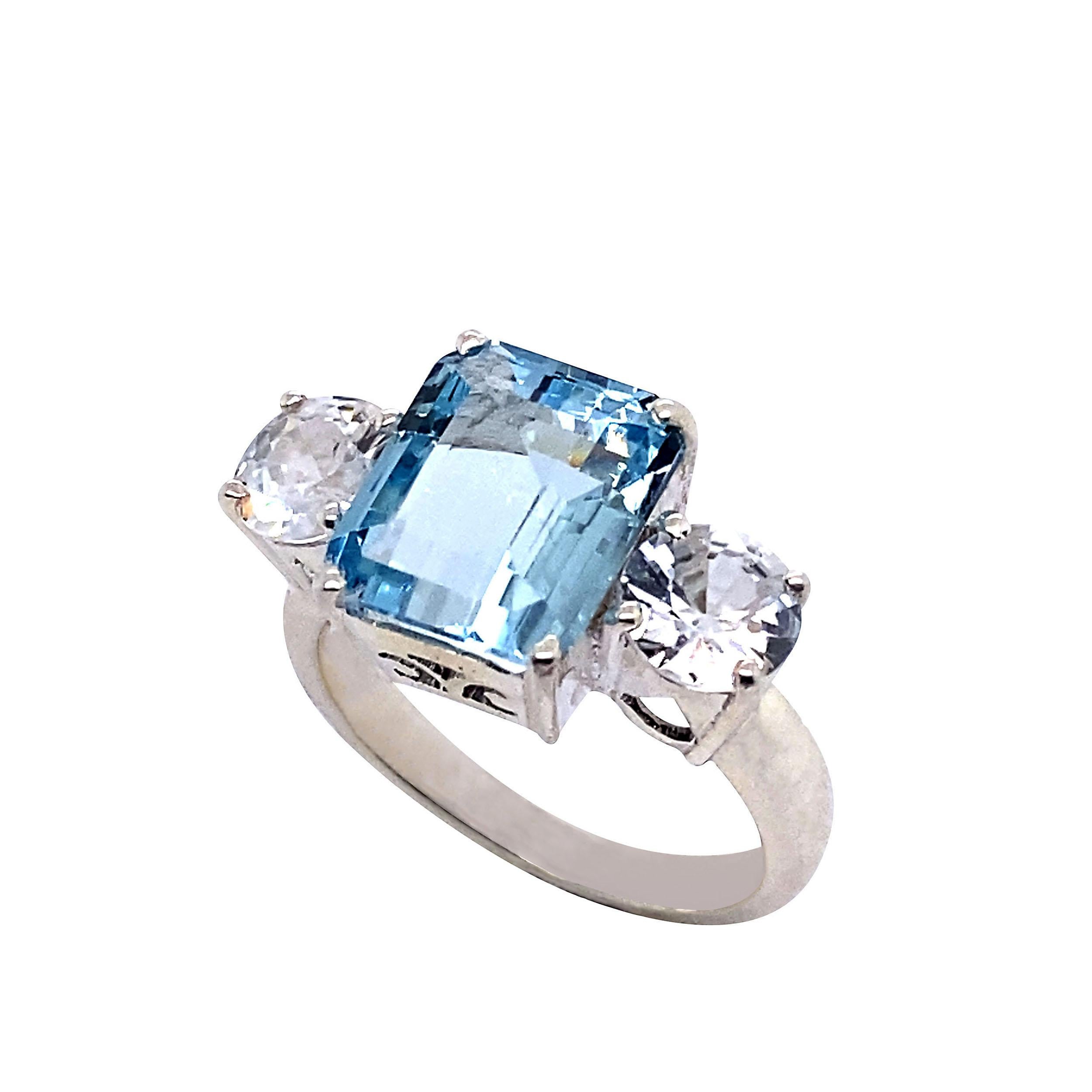 Women's or Men's AJD Sparkling Emerald Cut Aquamarine and Genuine Zircon Ring  March Birthstone For Sale