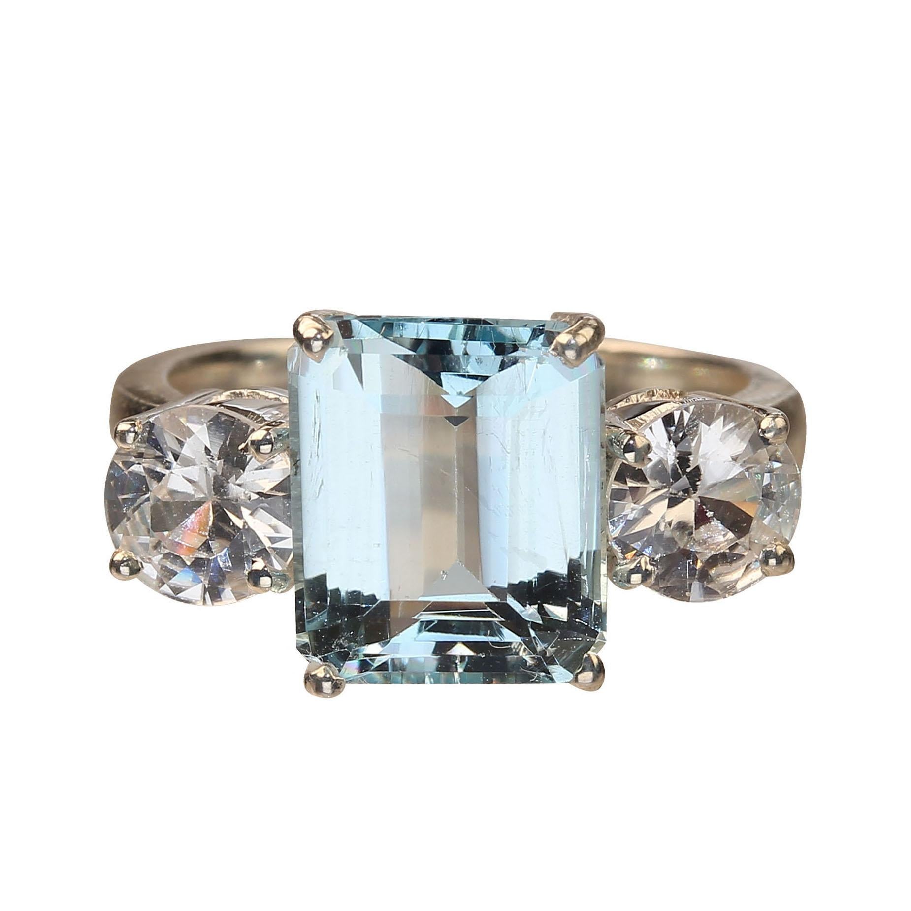 AJD Sparkling Emerald Cut Aquamarine and Genuine Zircon Ring  March Birthstone For Sale 1
