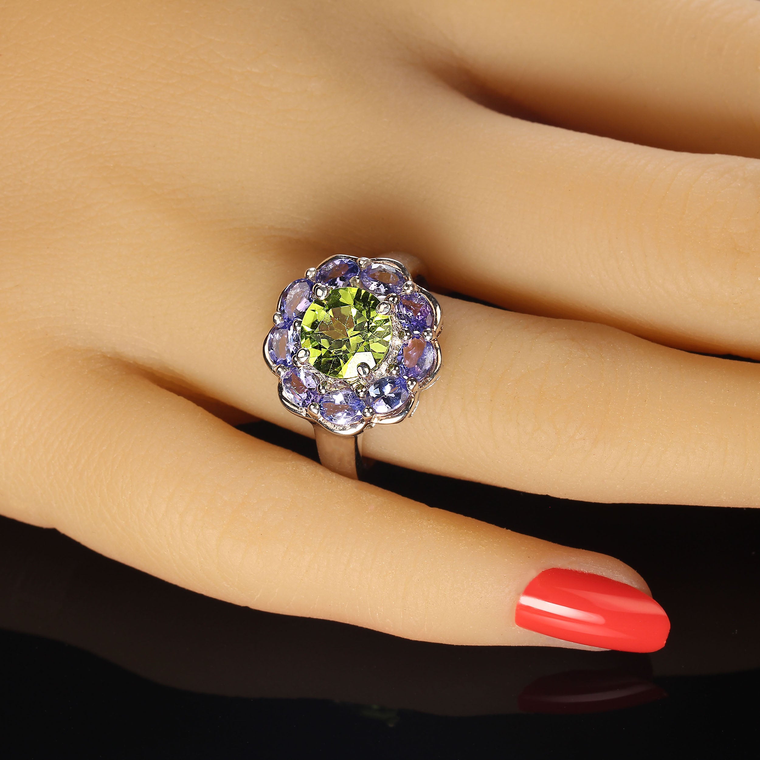 AJD Sparkling Ring of Green Peridot in Tanzanite Halo Sterling Silver For Sale