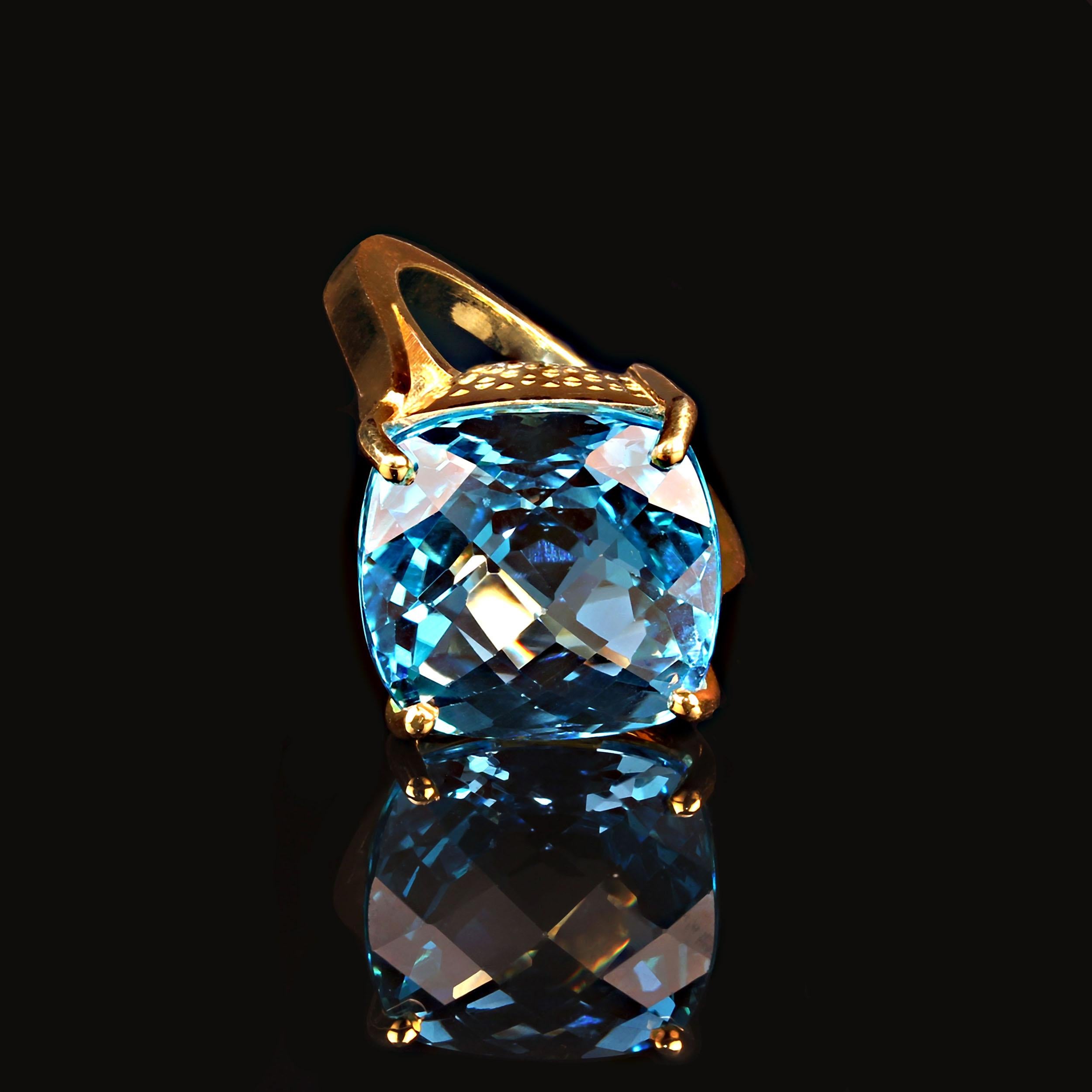 AJD Sparkling Swiss Blue Topaz Antique Cushion Cut in Gold over Sterling Ring In New Condition For Sale In Raleigh, NC