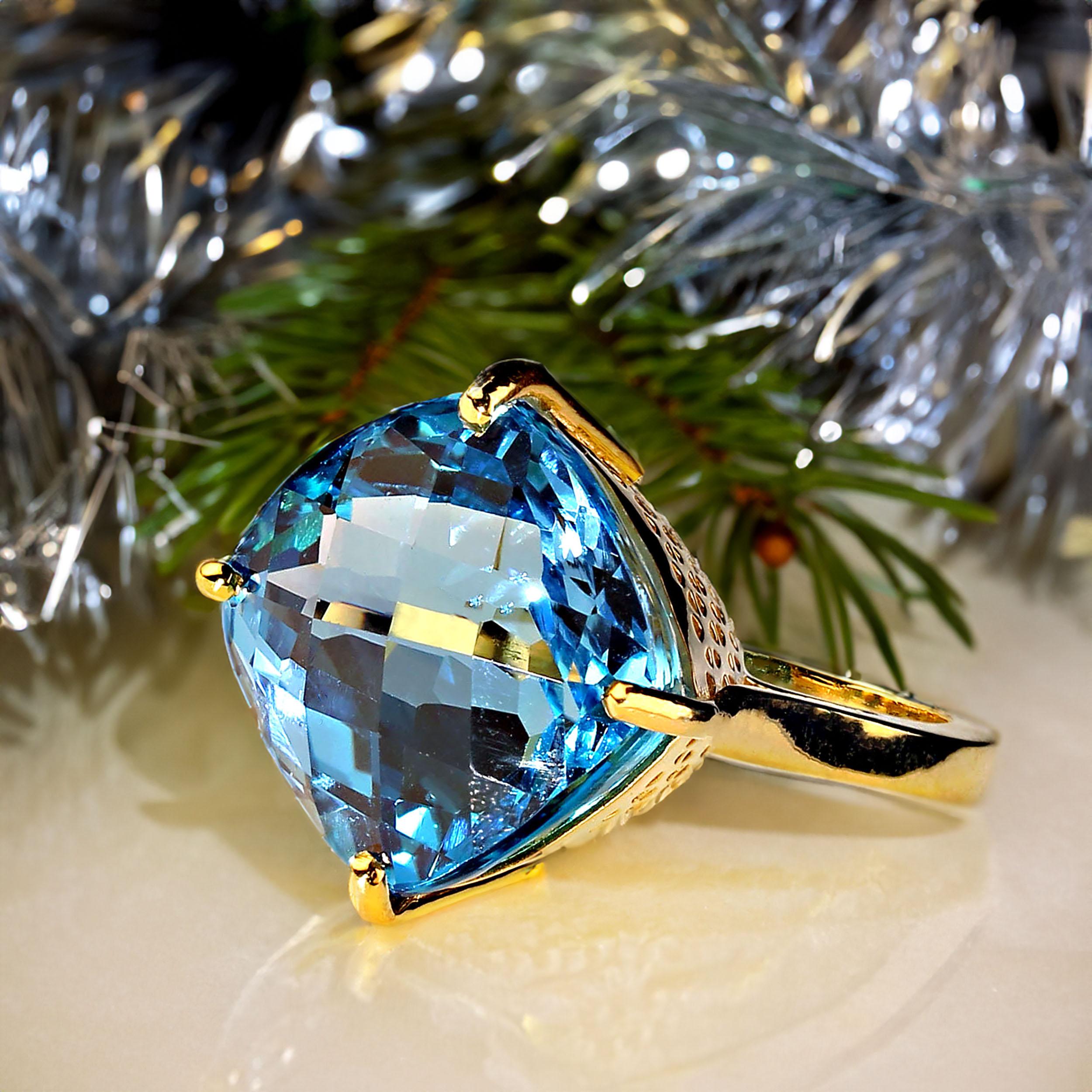 Artisan AJD Sparkling Swiss Blue Topaz Antique Cushion Cut in Gold over Sterling Ring For Sale