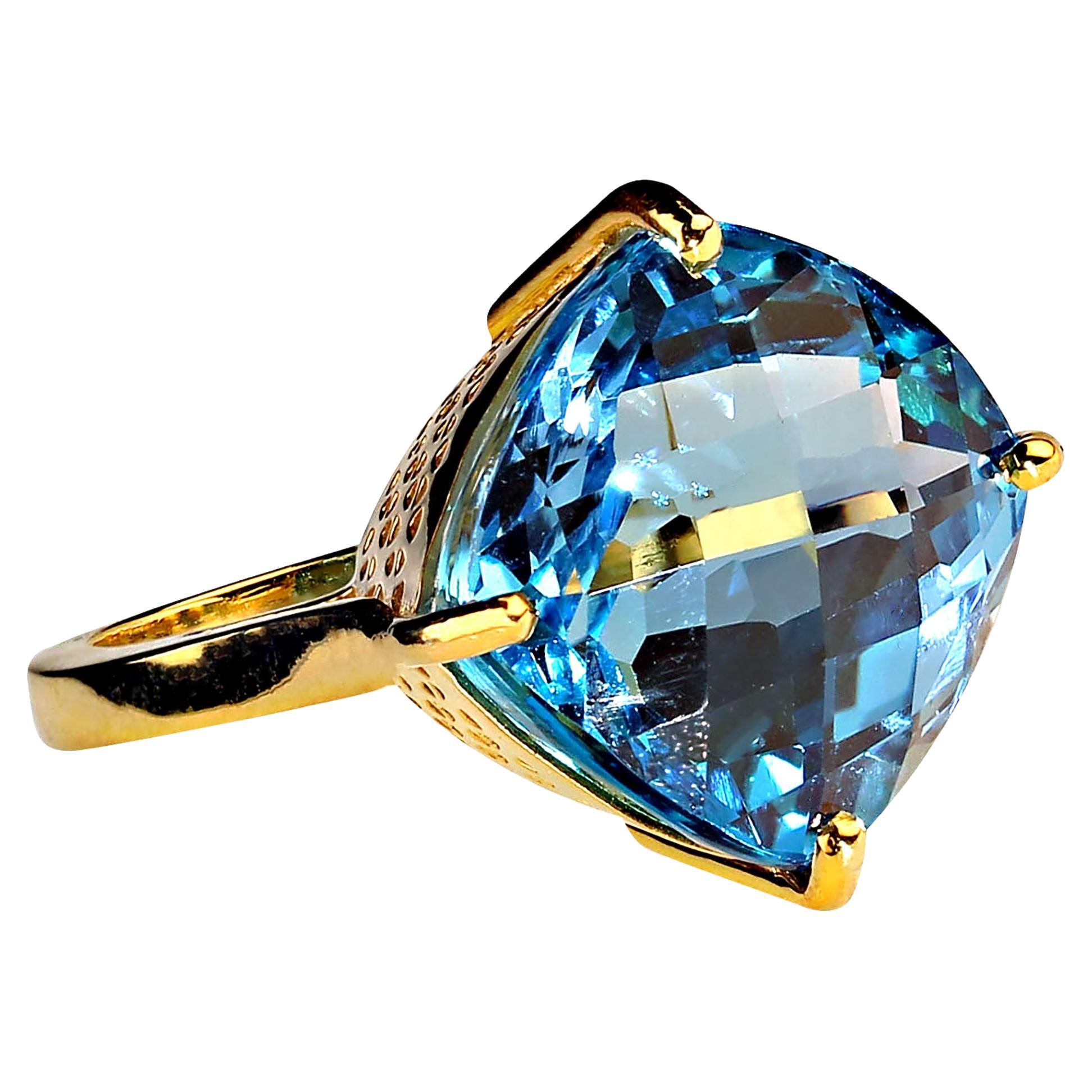 AJD Sparkling Swiss Blue Topaz Antique Cushion Cut in Gold over Sterling Ring For Sale 1