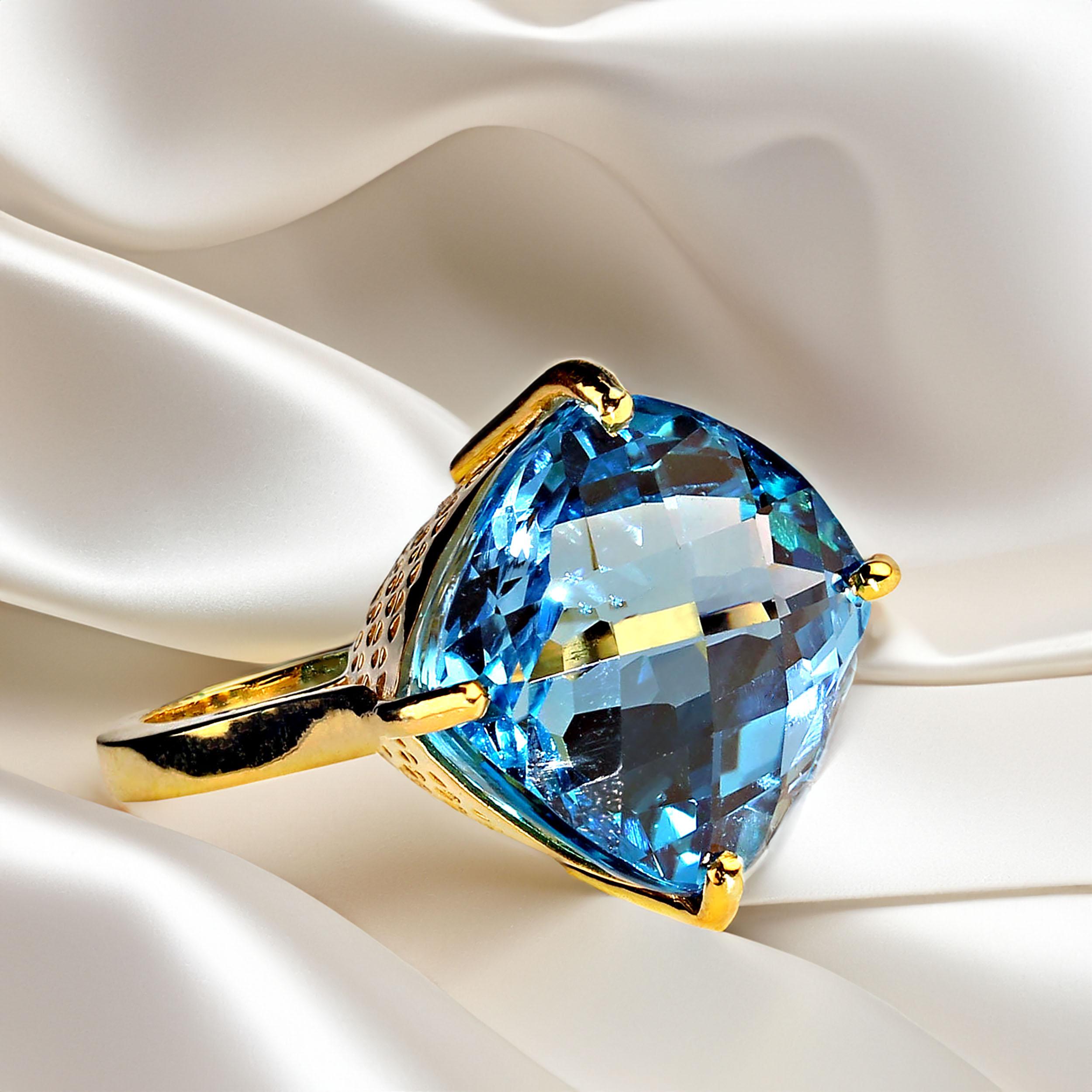 AJD Sparkling Swiss Blue Topaz Antique Cushion Cut in Gold Rhodium Sterling Ring For Sale 1