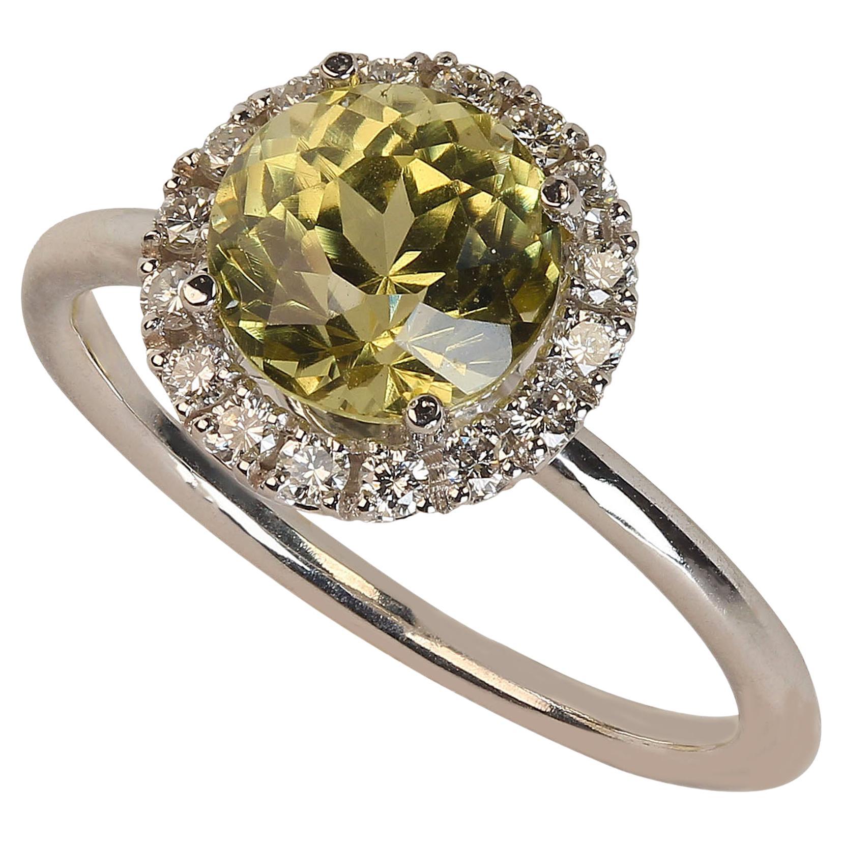 AJD Sparkling Yellow Chrysoberyl in a Diamond Halo 14K White Gold Ring