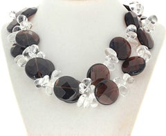 AJD Espectacular Collar de Doble Filamento de Cuarzo Ahumado Pulido con Gemas y Cuarzo Plateado