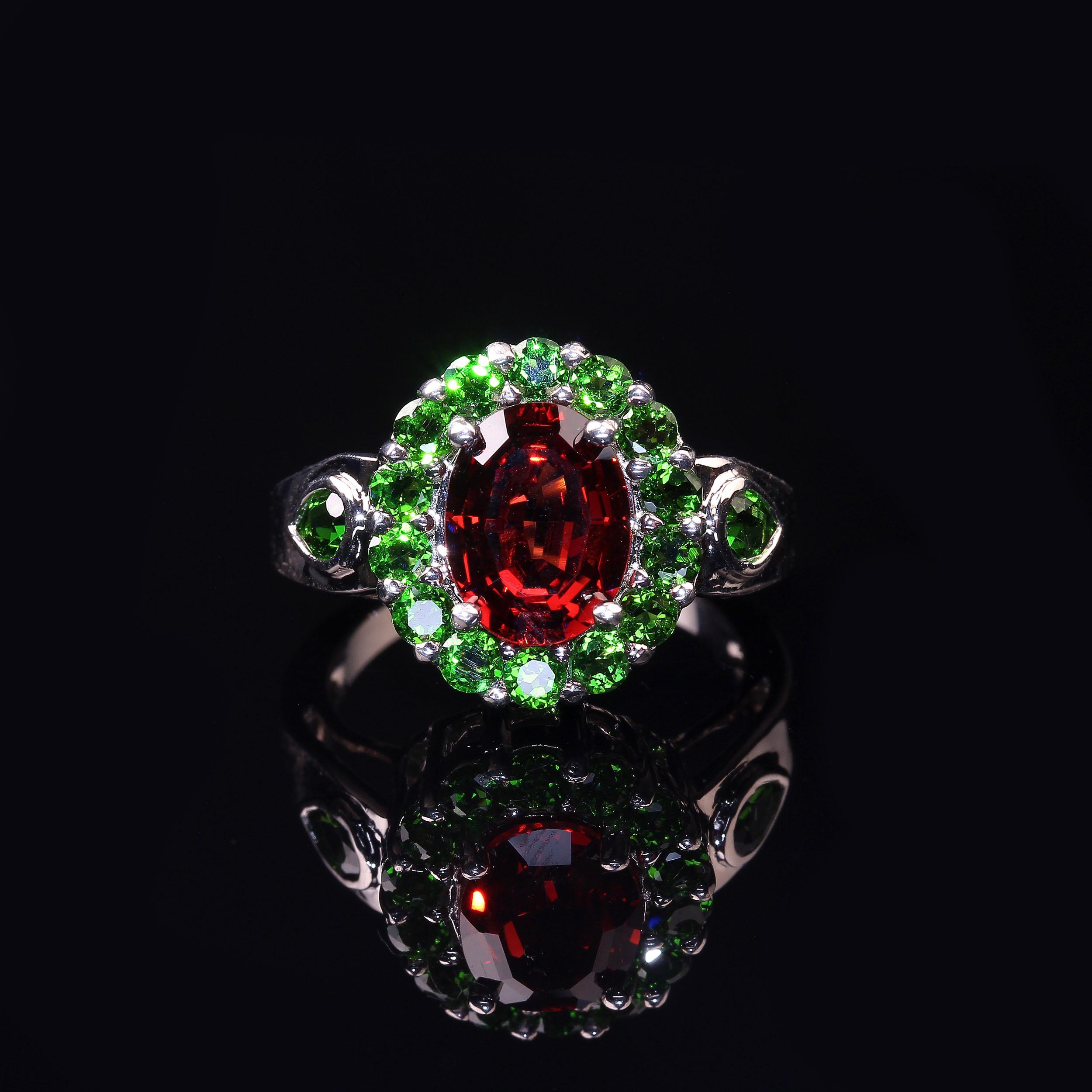 Artisan AJD Spessartite Garnet with Chrome Diopside Sterling Ring