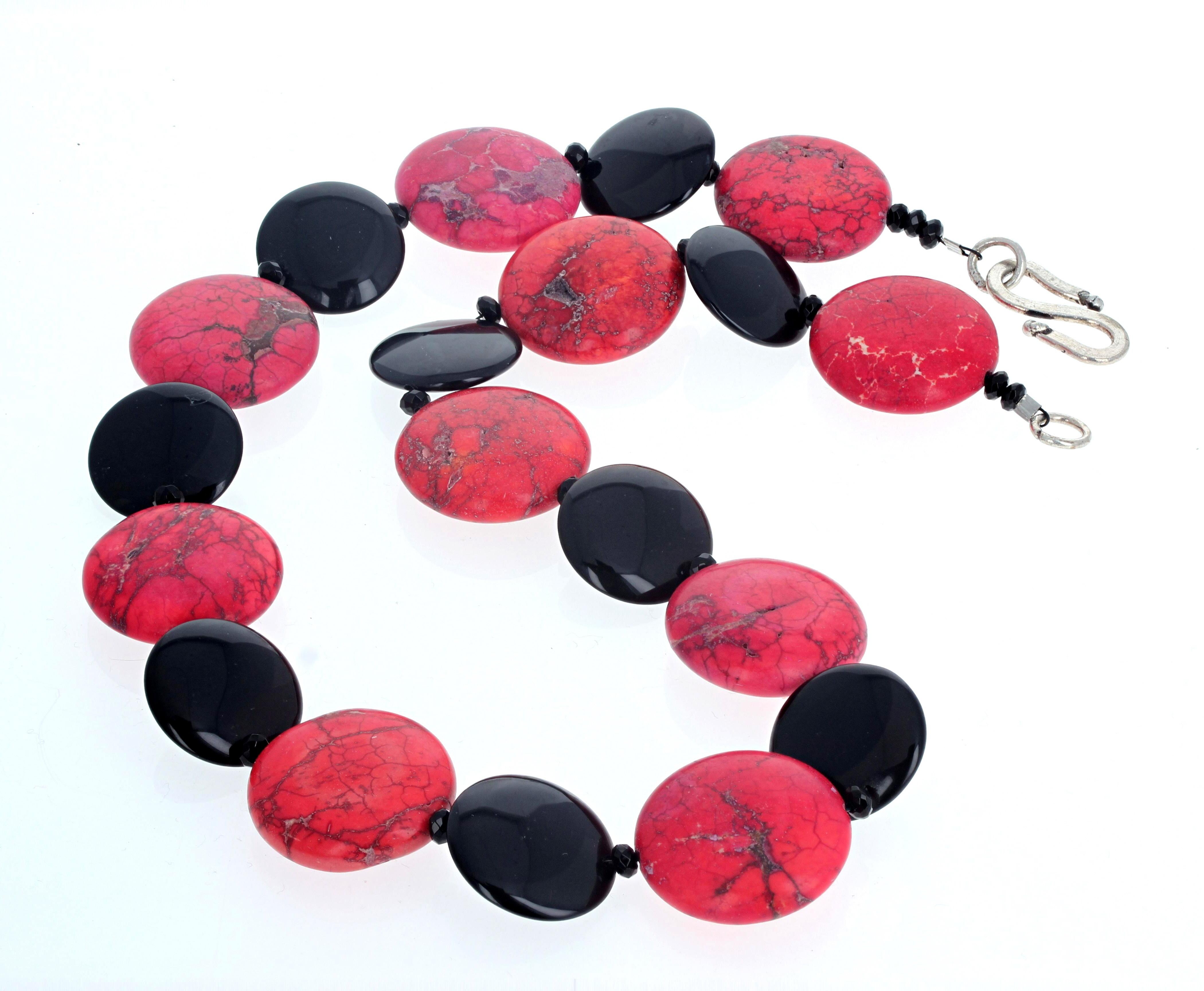 Women's or Men's AJD Fascinating Statement Necklace of Real Red Howlite & Bright Black Onyx For Sale