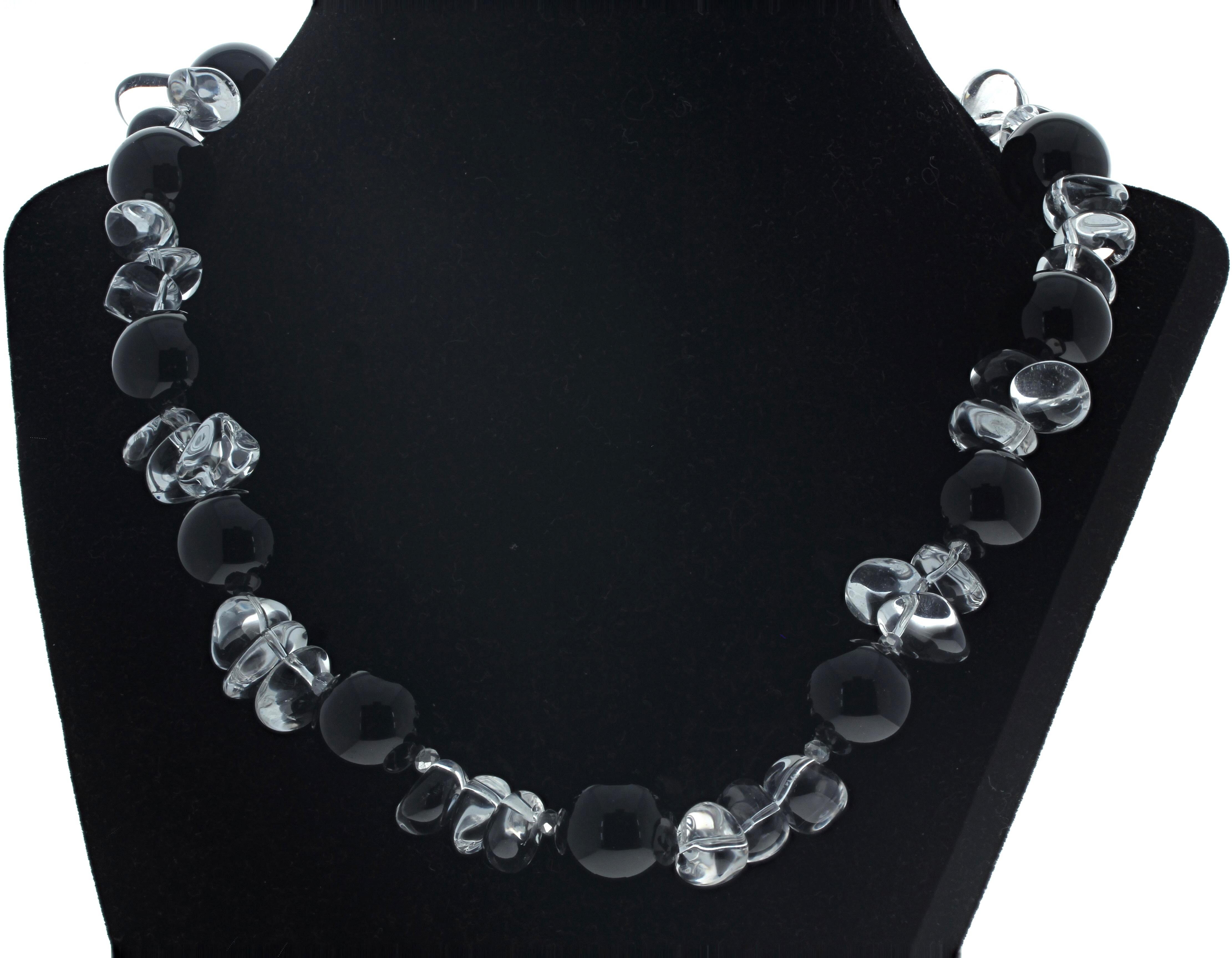 Mixed Cut AJD Dramatic Brilliant Natural Black Onyx & Silvery Translucent Quartz Necklace
