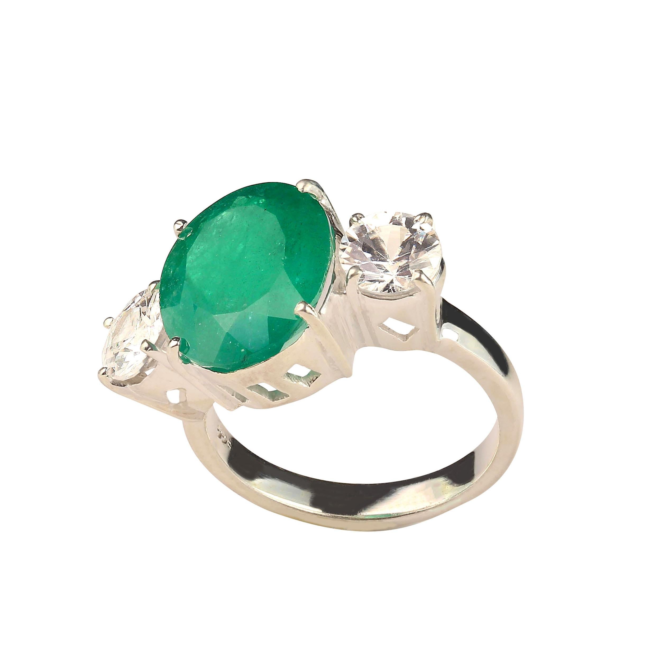 AJD Statement Dinner Ring of Huge Brazilian Emerald  & Genuine Zircons in Silver In New Condition For Sale In Raleigh, NC
