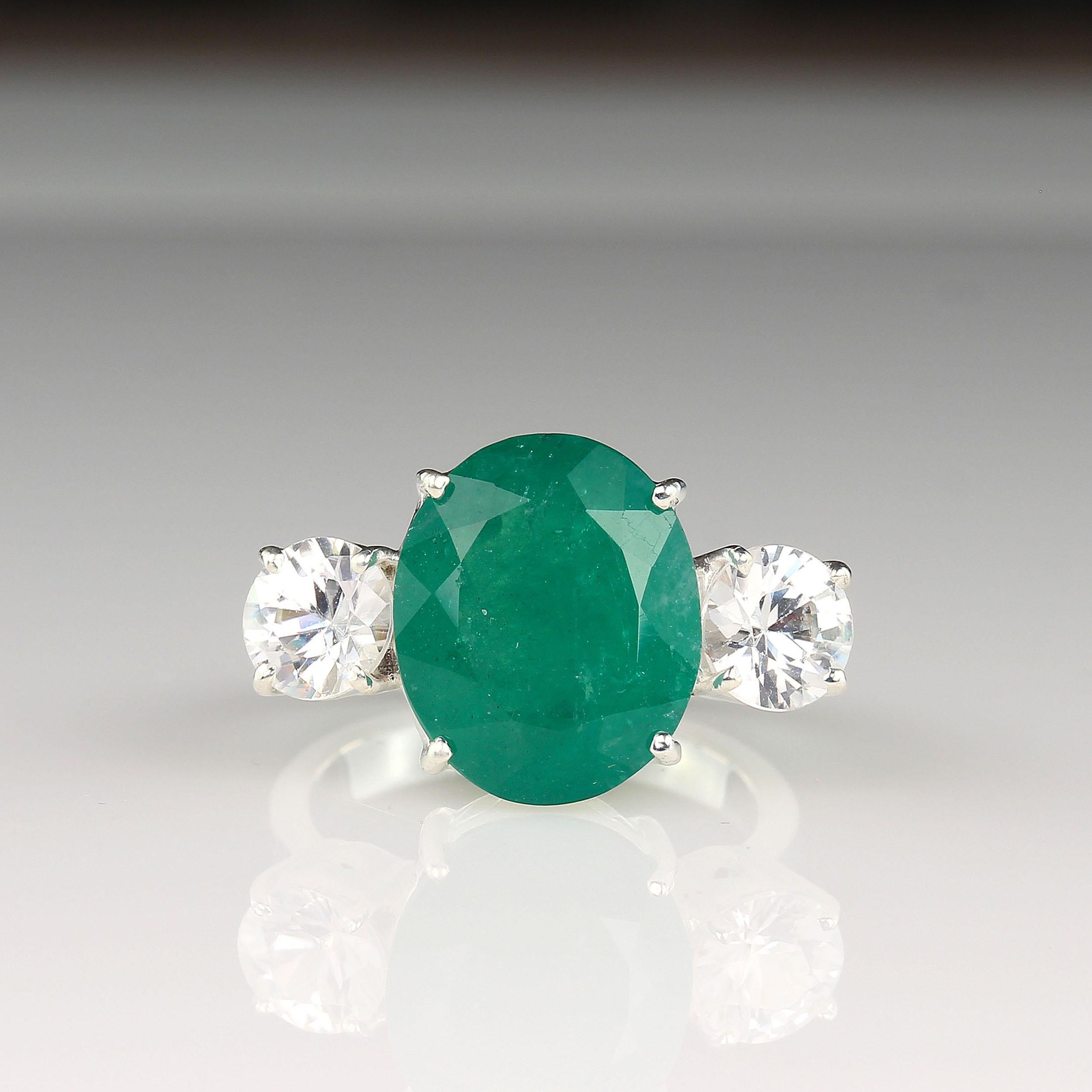 Women's or Men's AJD Statement Dinner Ring of Huge Brazilian Emerald  & Genuine Zircons in Silver For Sale
