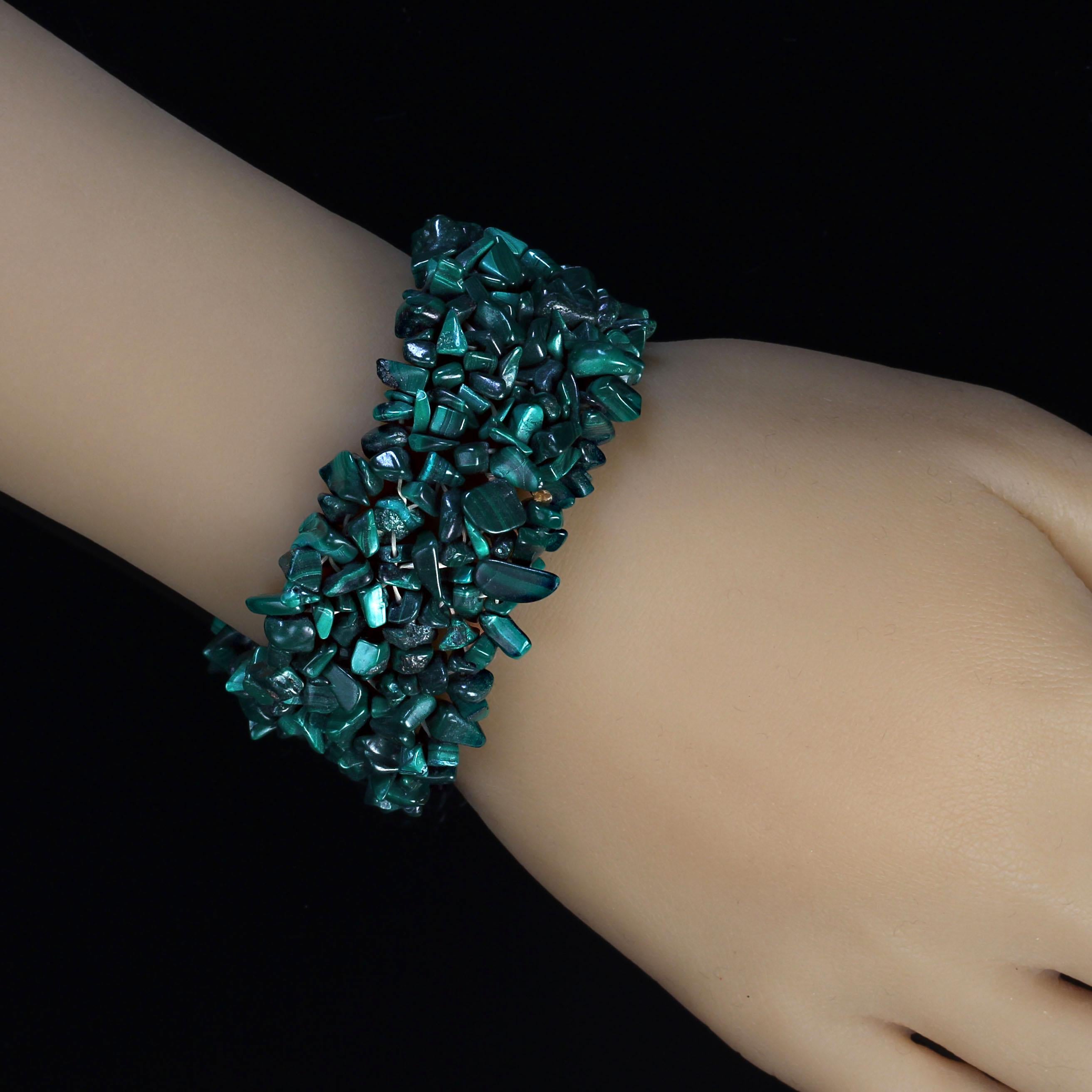Statement green chip elastic malachite bracelet.  Green is so trendy right now! This fantastic bracelet is 1.25 inches wide and approximately 6 inches on the interior. It stretches out to about 8 inches.  It is that gorgeous malachite green and will