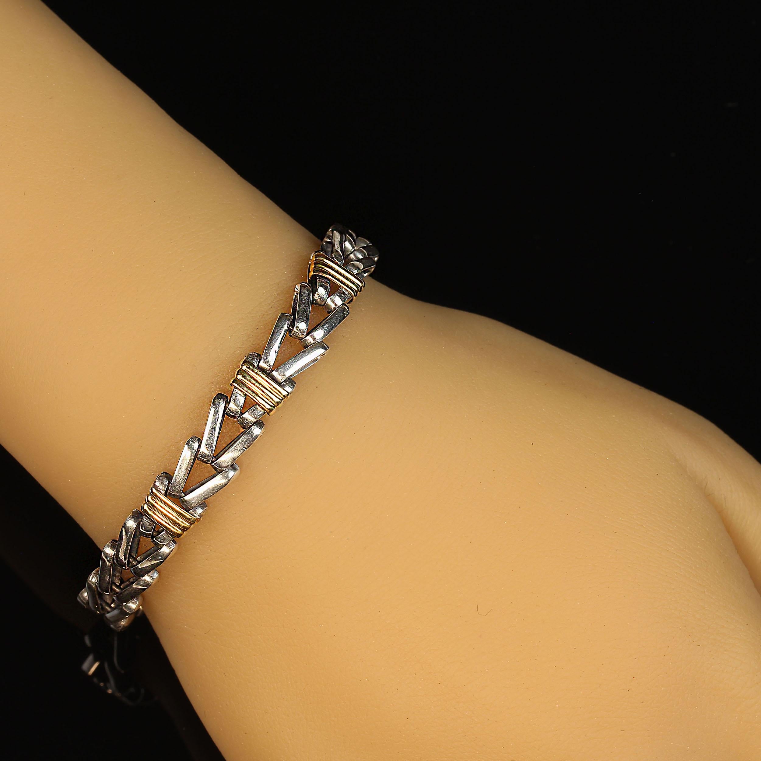 Artisan AJD Men's Sterling Silver Bracelet in Unique Herringbone Design For Sale