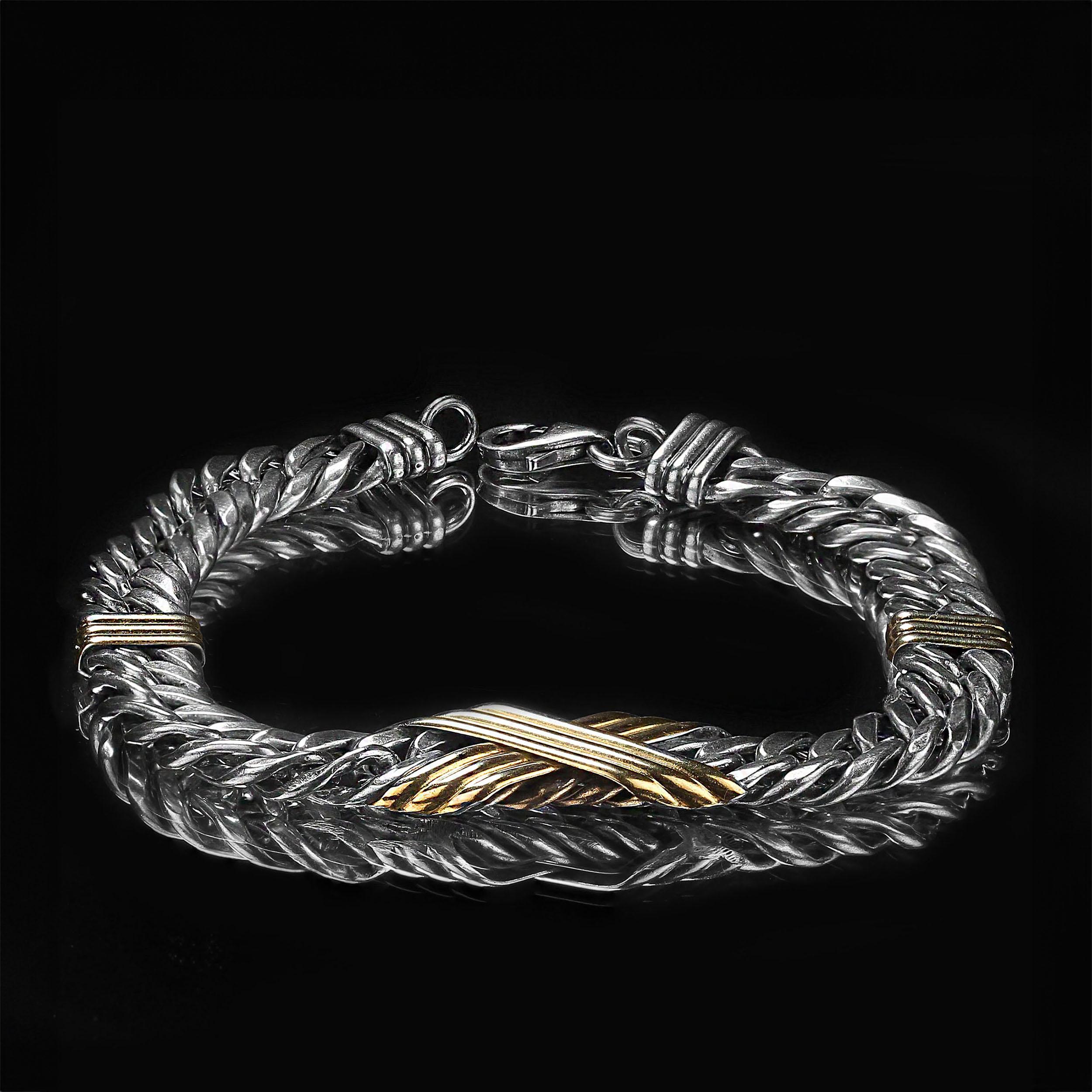 Women's or Men's AJD Men's Sterling Silver Link Bracelet with Goldy Bars 7.5 Inches For Sale