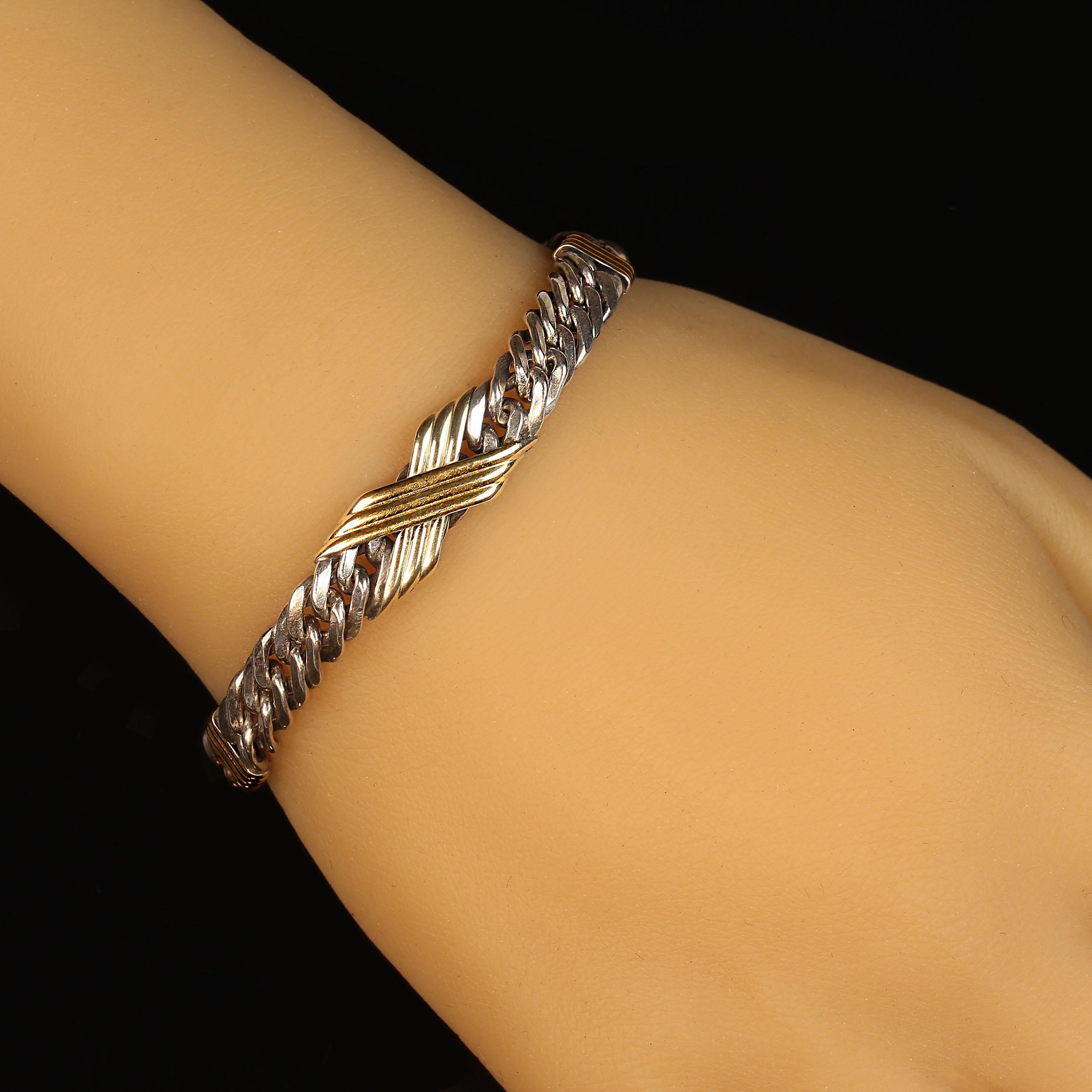 AJD Men's Sterling Silver Link Bracelet with Goldy Bars 7.5 Inches For Sale 2