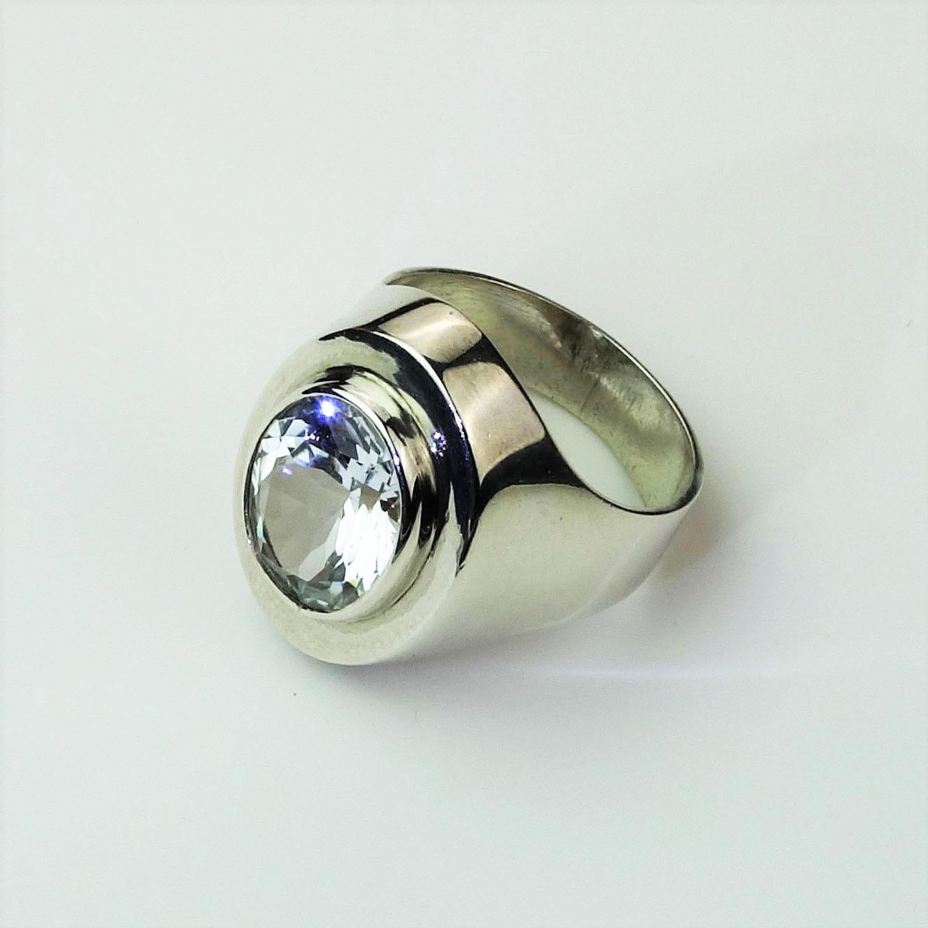 Women's or Men's AJD Sterling Silver Ring with Bezel Set Oval Silver Topaz For Sale