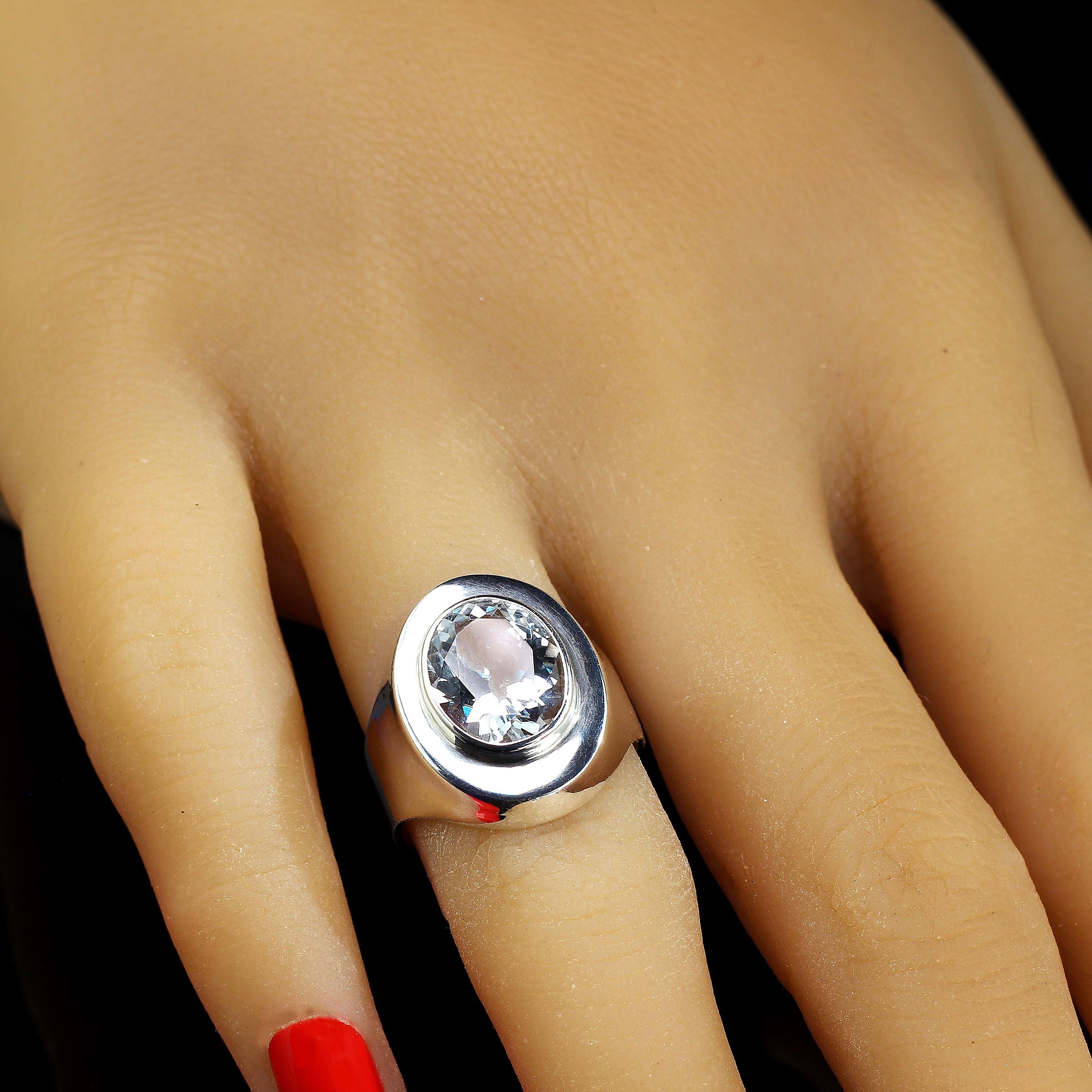AJD Sterling Silver Ring with Bezel Set Oval Silver Topaz For Sale 3
