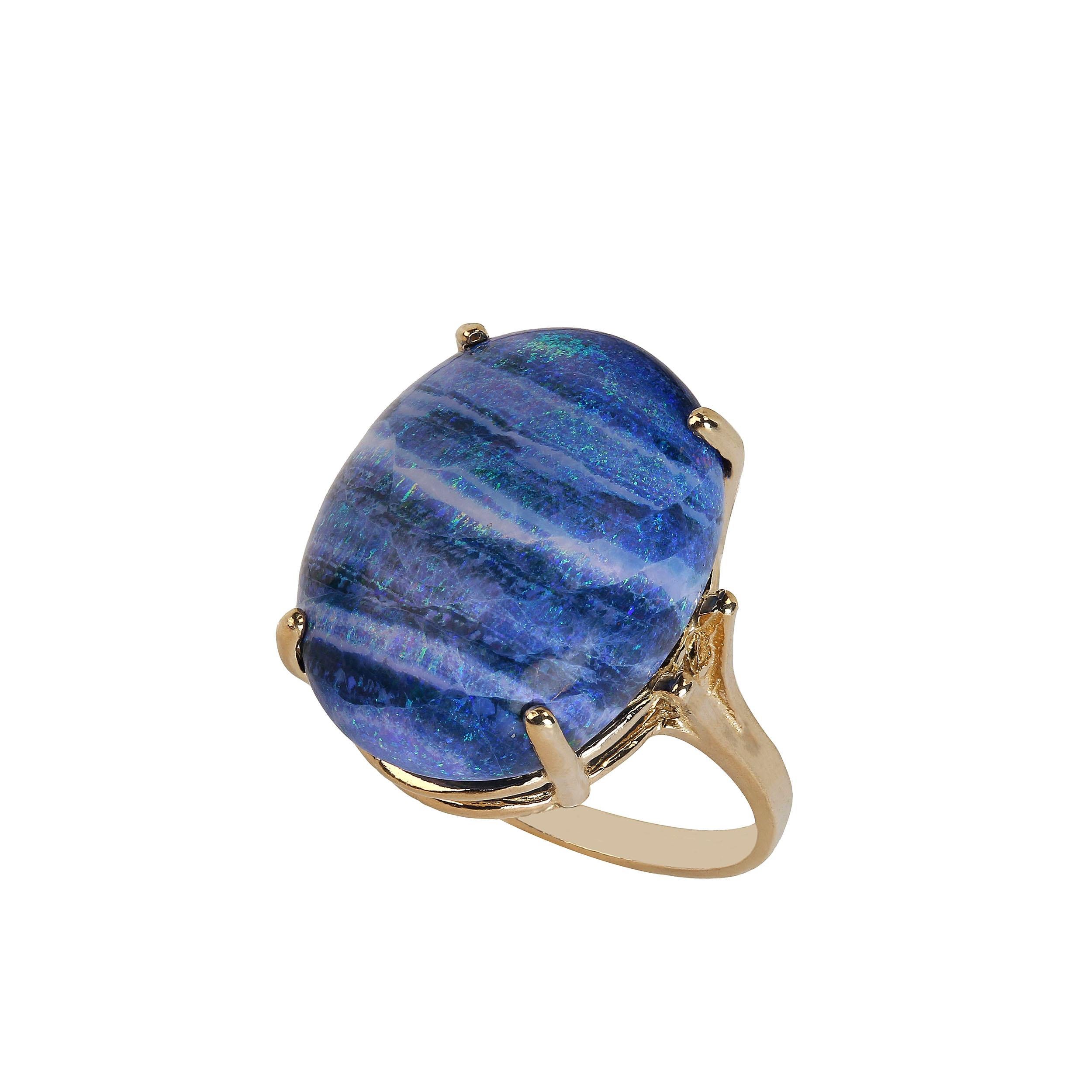 Artisan AJD Striated Blue Boulder Opal Set in 14K Yellow Gold