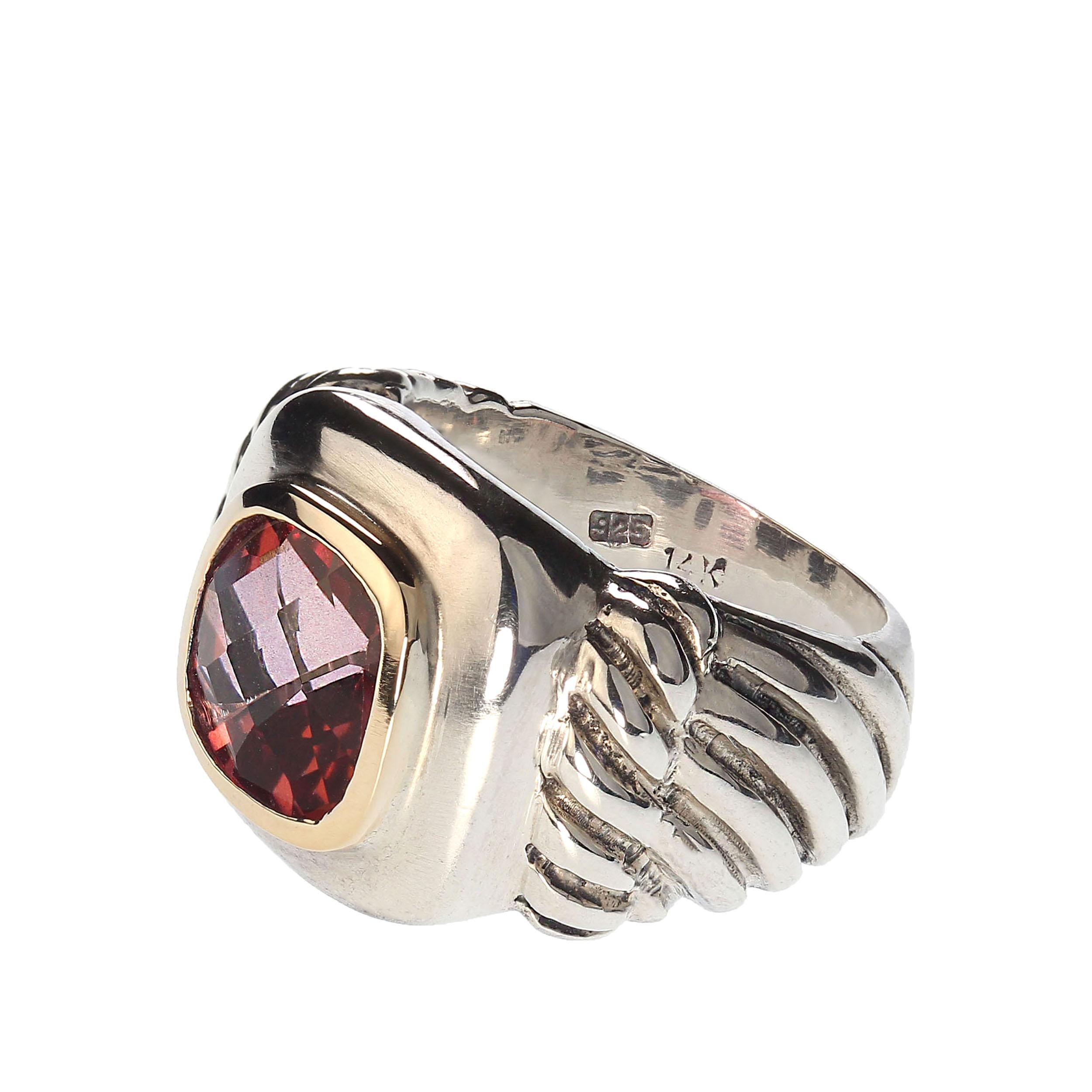 Artisan AJD Striking Sterling Silver ring with 14K accents and pinkish red Topaz   For Sale