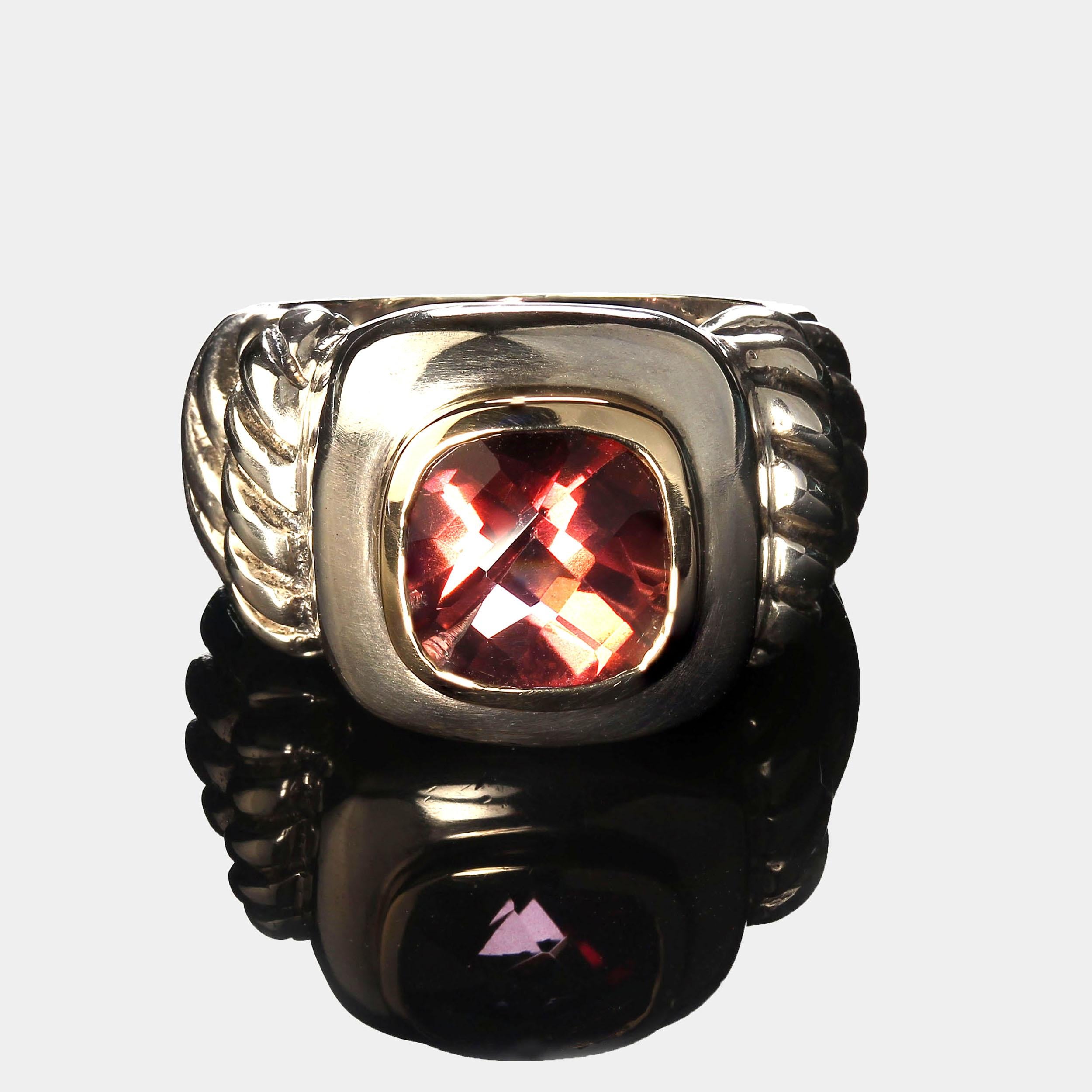 AJD Striking Sterling Silver ring with 14K accents and pinkish red Topaz   In Excellent Condition For Sale In Raleigh, NC