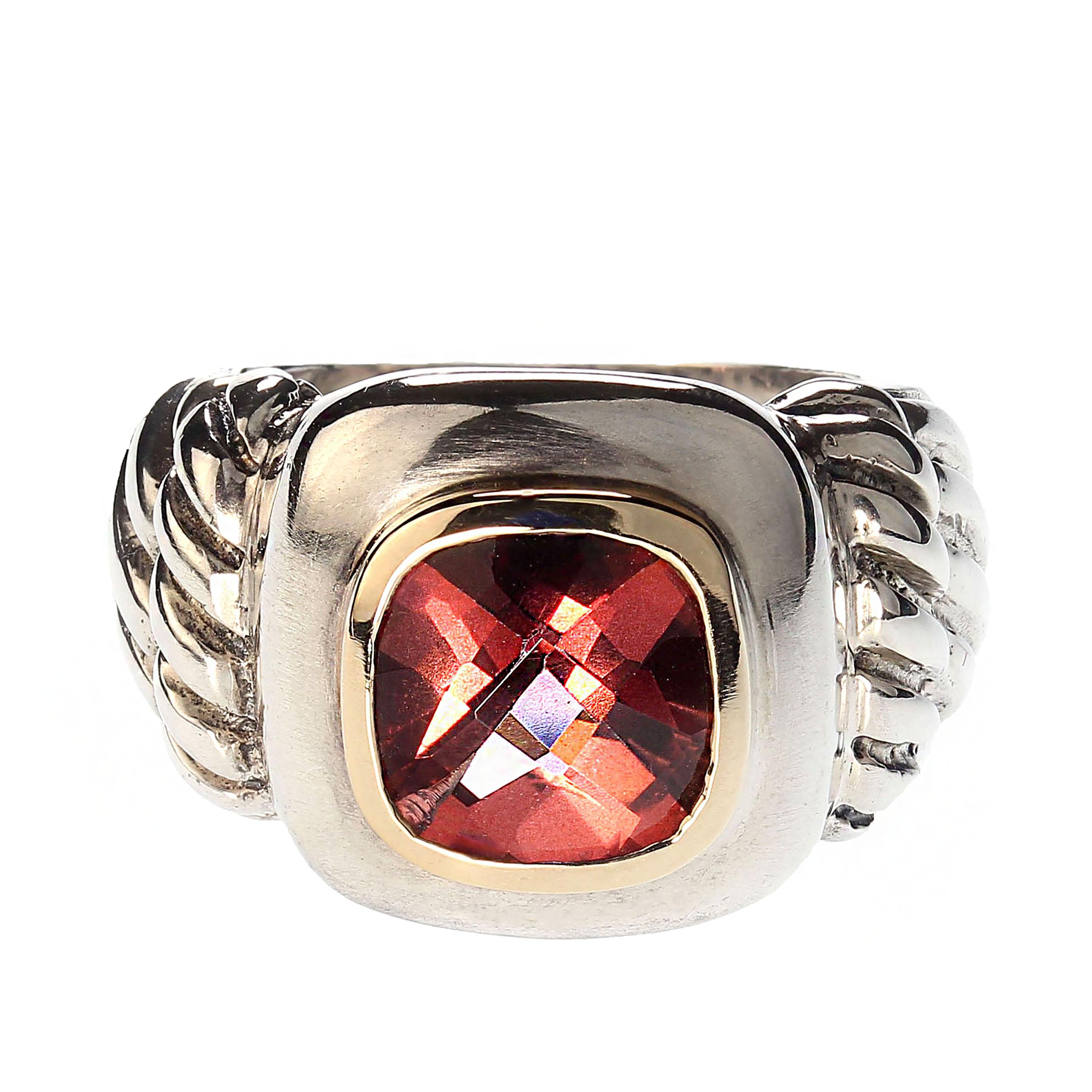 Women's or Men's AJD Striking Sterling Silver ring with 14K accents and pinkish red Topaz   For Sale