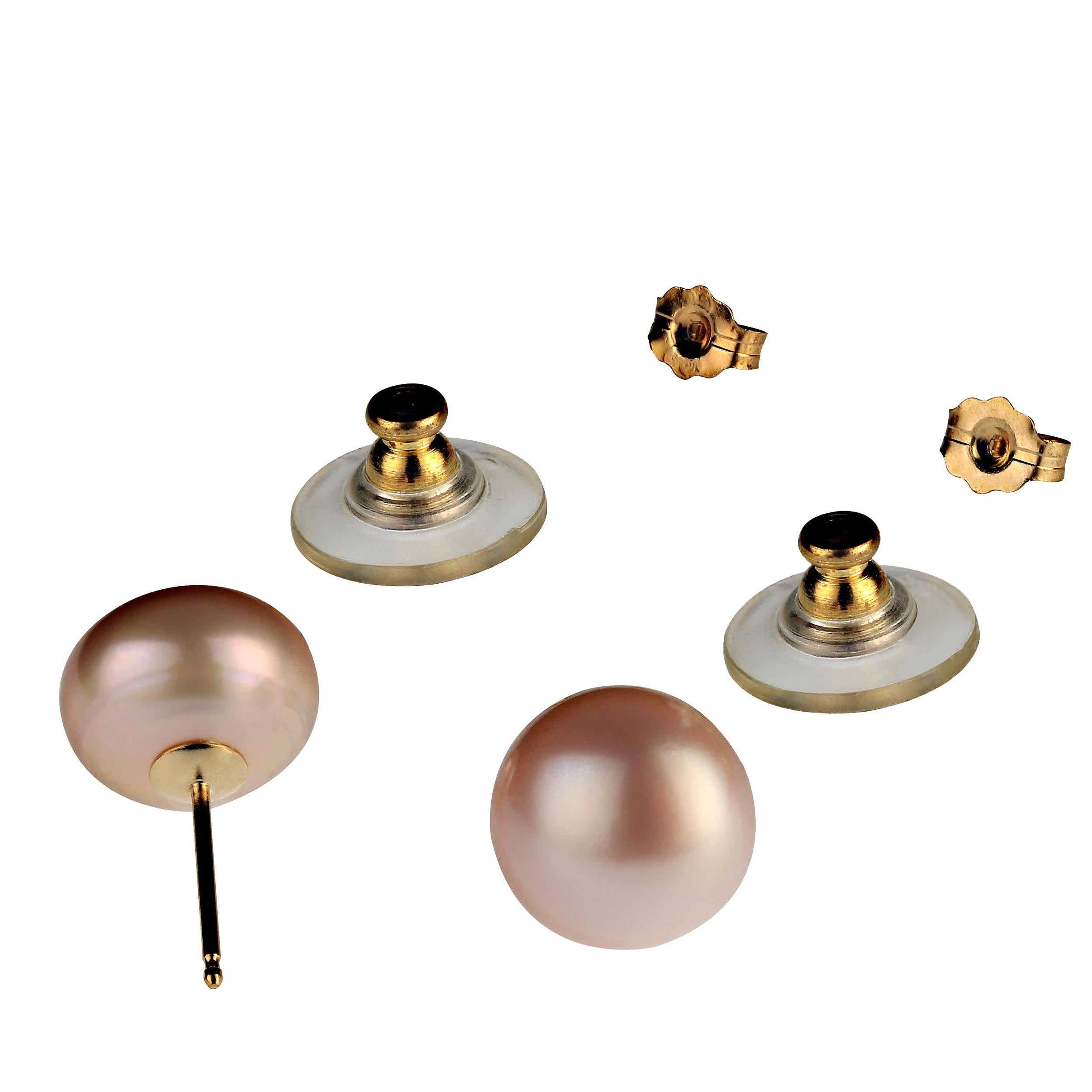 AJD Stunning 10.5MM Pink Pearl Studs with 14K yellow gold posts In New Condition In Raleigh, NC