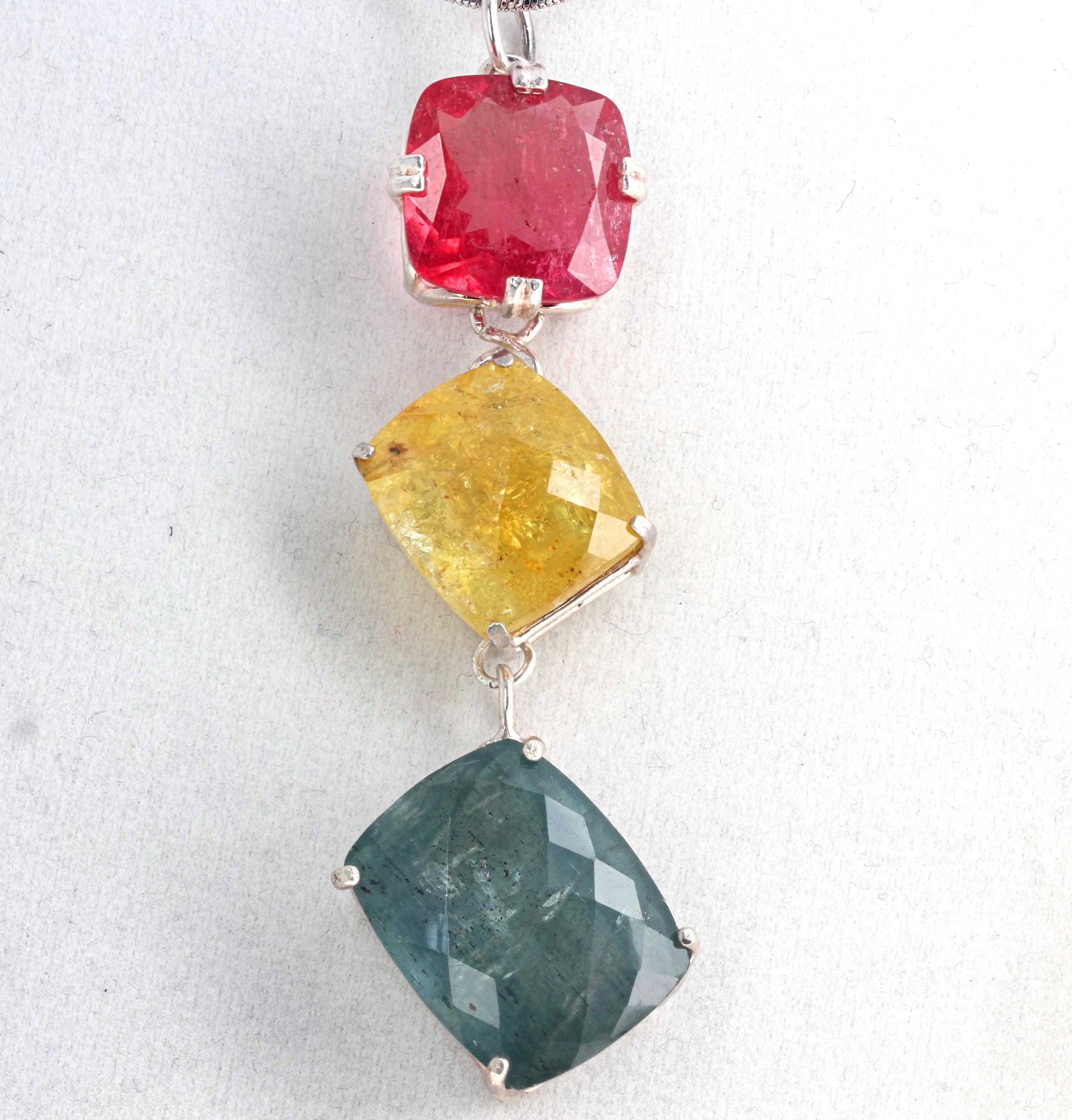 AJD Stunning 47 Cts of Peachy Pink, Yellow, Bluegreen Tourmaline Silver Pendant For Sale 4