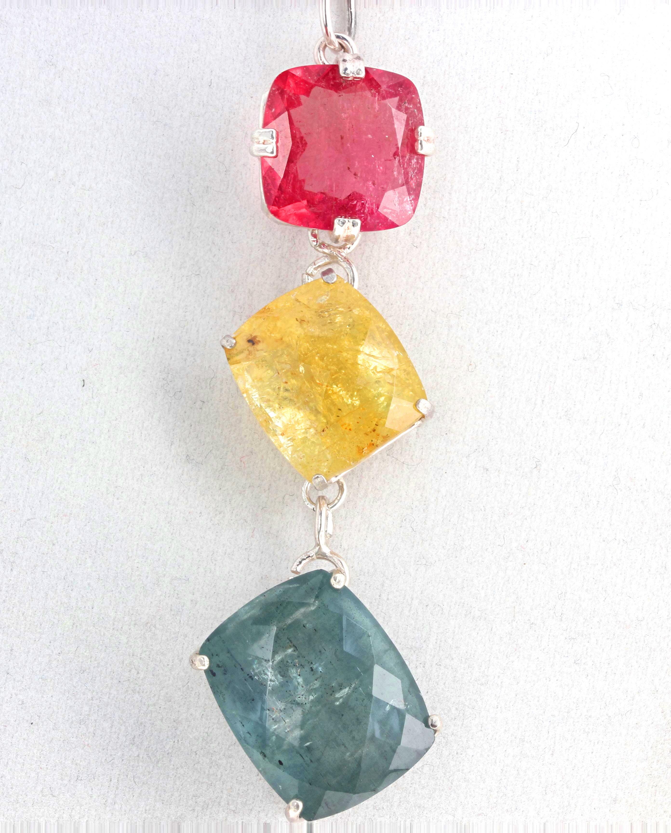 AJD Stunning 47 Cts of Peachy Pink, Yellow, Bluegreen Tourmaline Silver Pendant For Sale 3