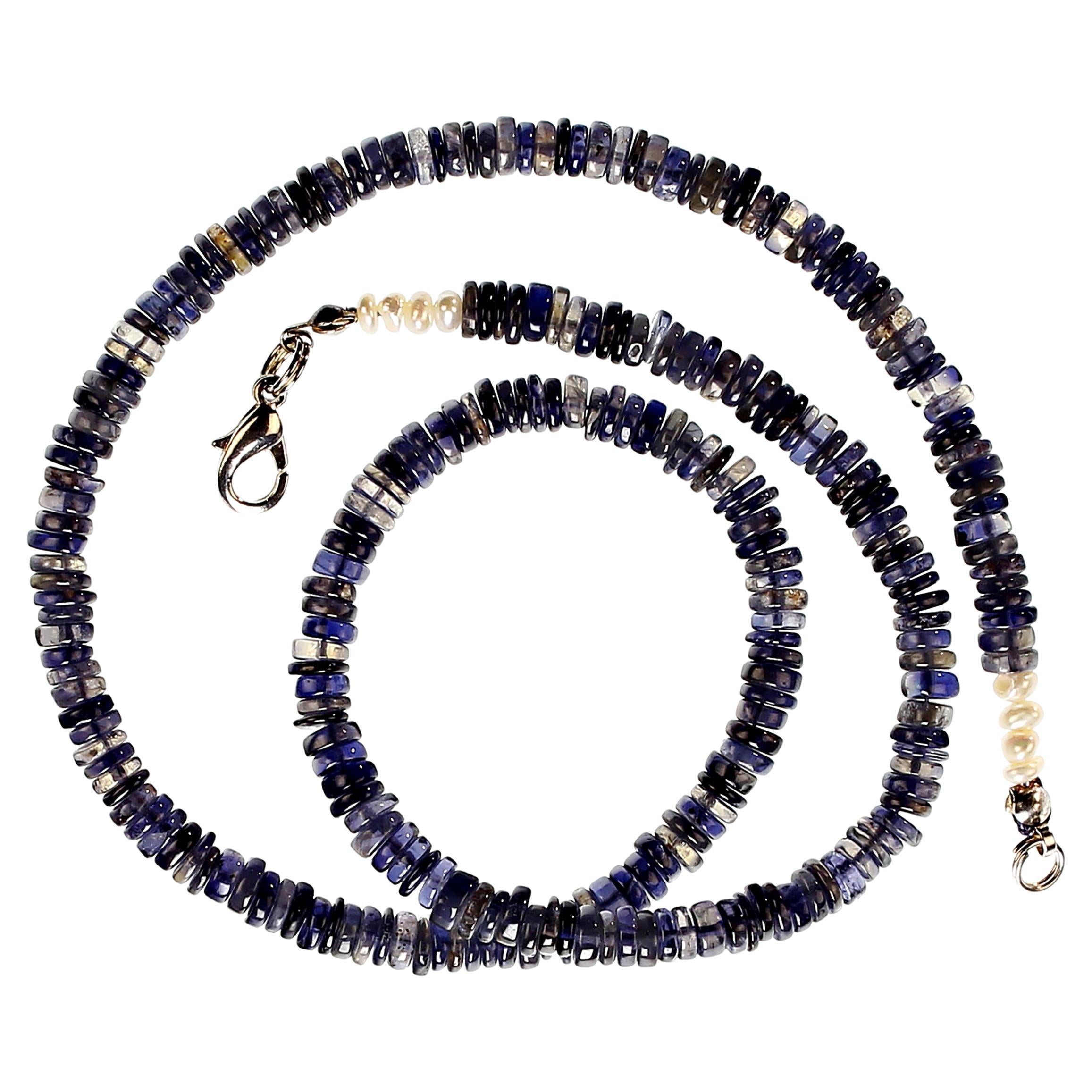 18 Inches of lovely blue Iolite. Iolite is a trichroic gemstone which means that is will present itself in three different colors depending on the way one looks at it:  Blue, gray, or straw (yellow). How exciting is that!!These are 5MM smooth flat