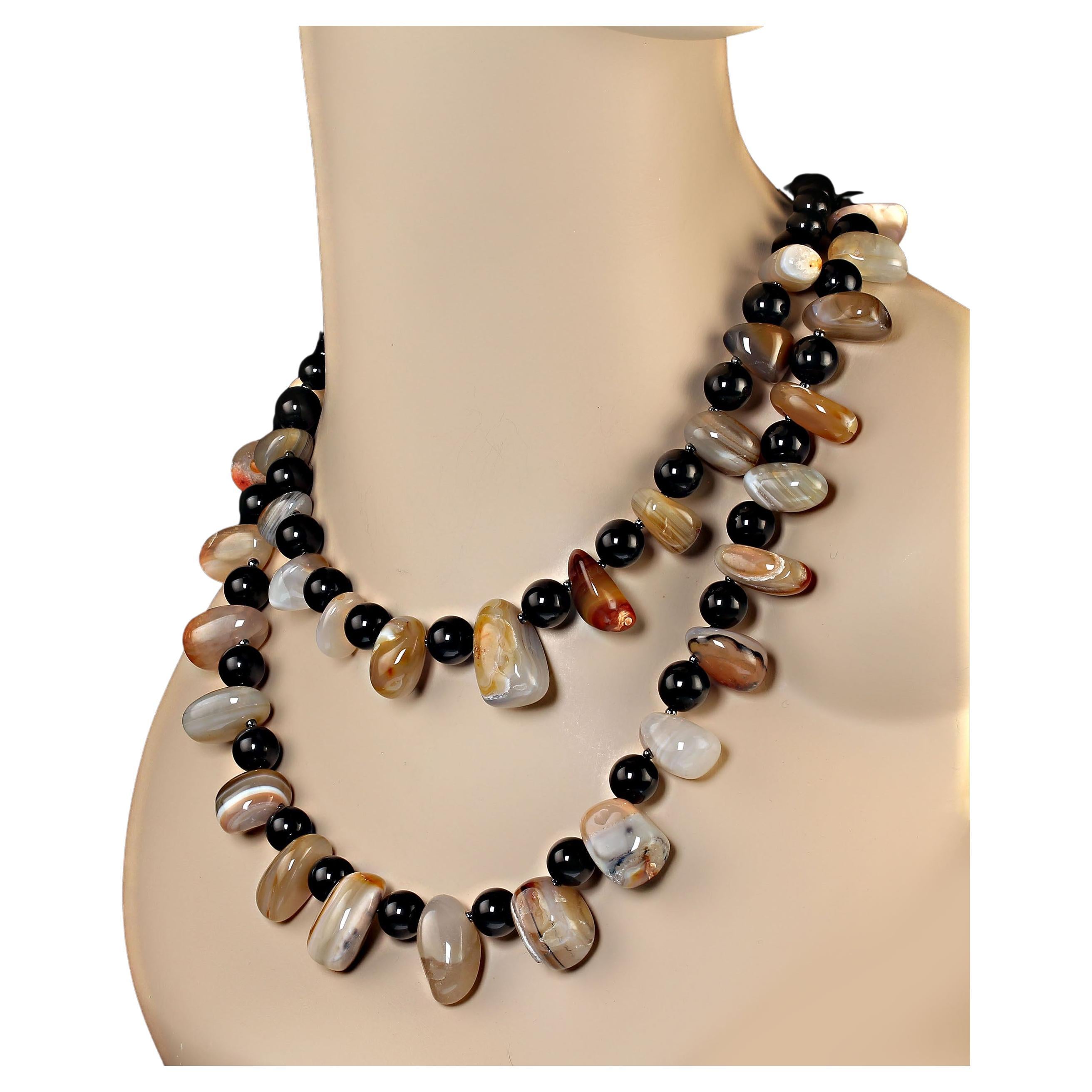 Artisan AJD Stunning Botswana Agate Nugget and Black Onyx Two strand necklace For Sale