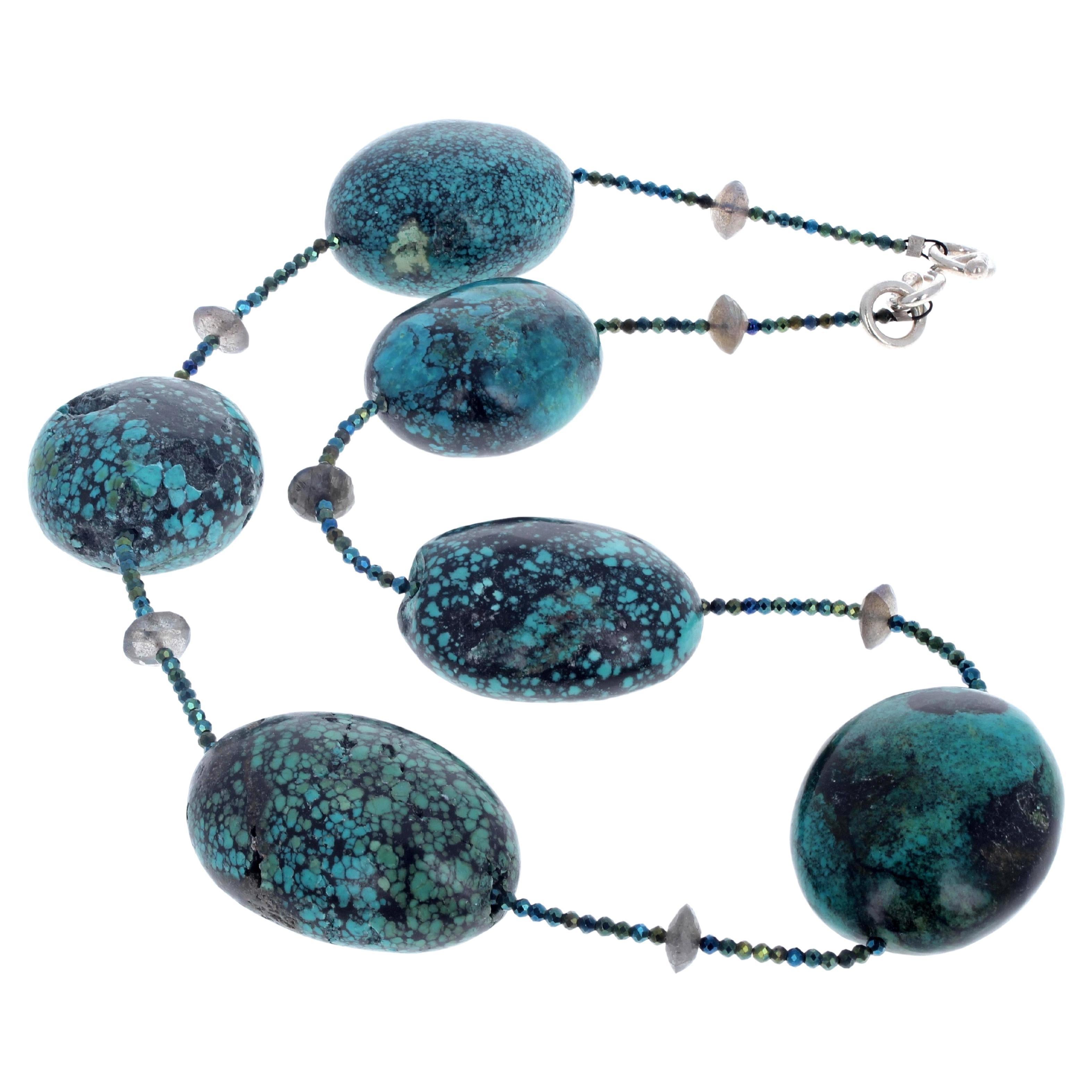 This spectacular glittering necklace is natural highly polished real rare type of Turquoise enhanced with sparkling real natural Labradorites in this 21 inches long necklace.  The largest Turquoises are approximately 38mm long x 28mm wide.  The