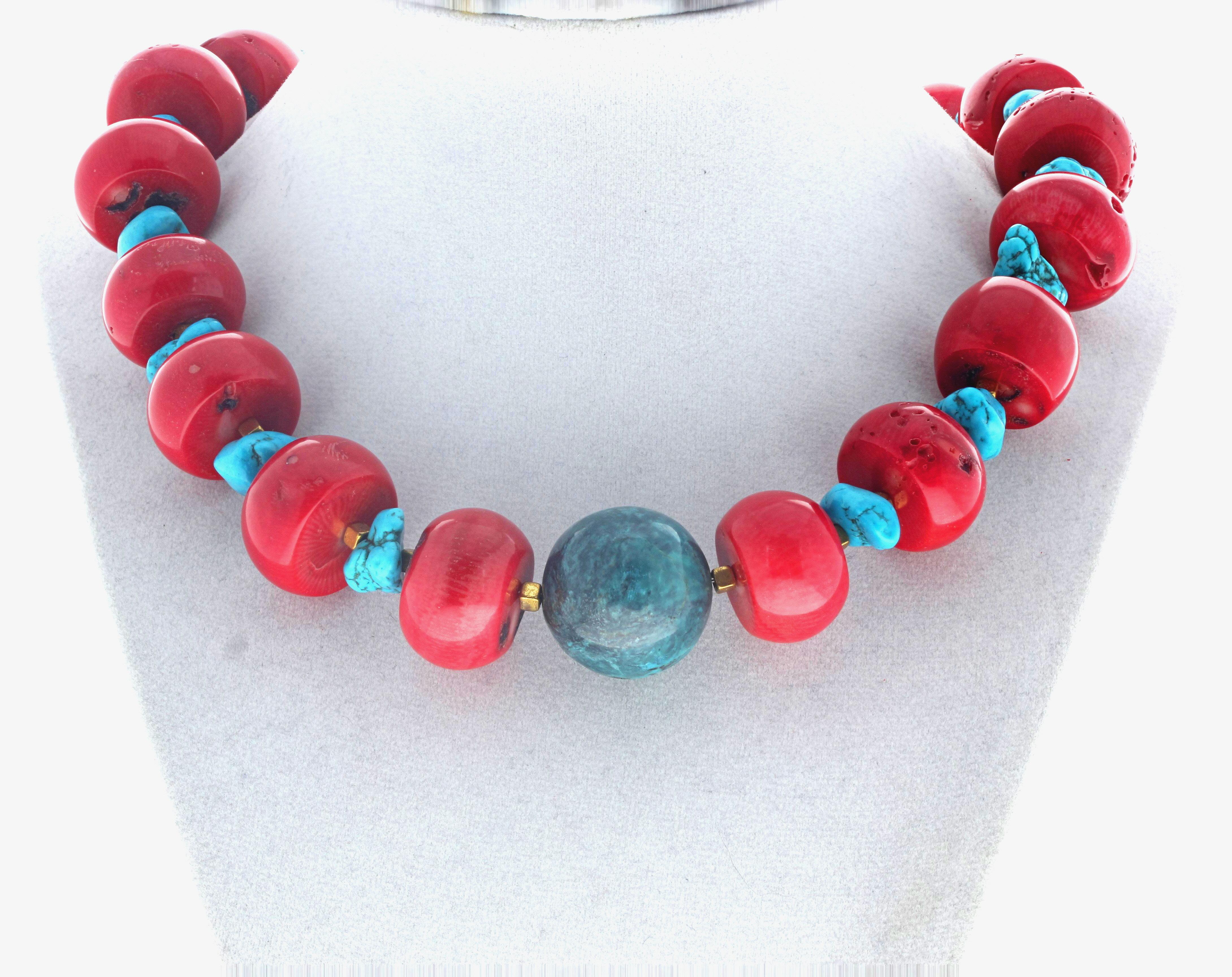 Women's or Men's AJD Stunning Natural Real Coral & Turquoise Magnesite & Azurite 18 1/2