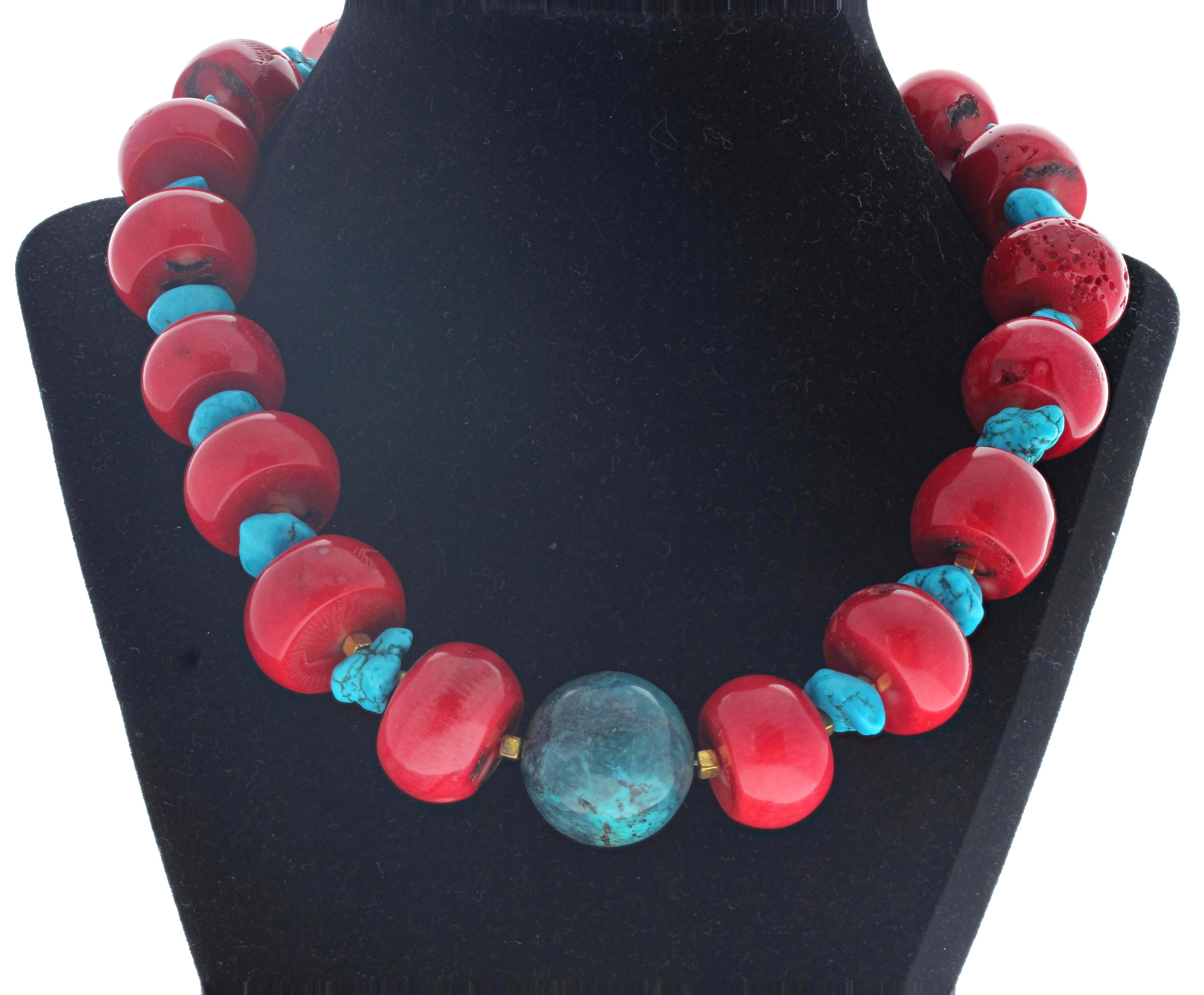 AJD Stunning Natural Real Coral & Turquoise Magnesite & Azurite 18 1/2