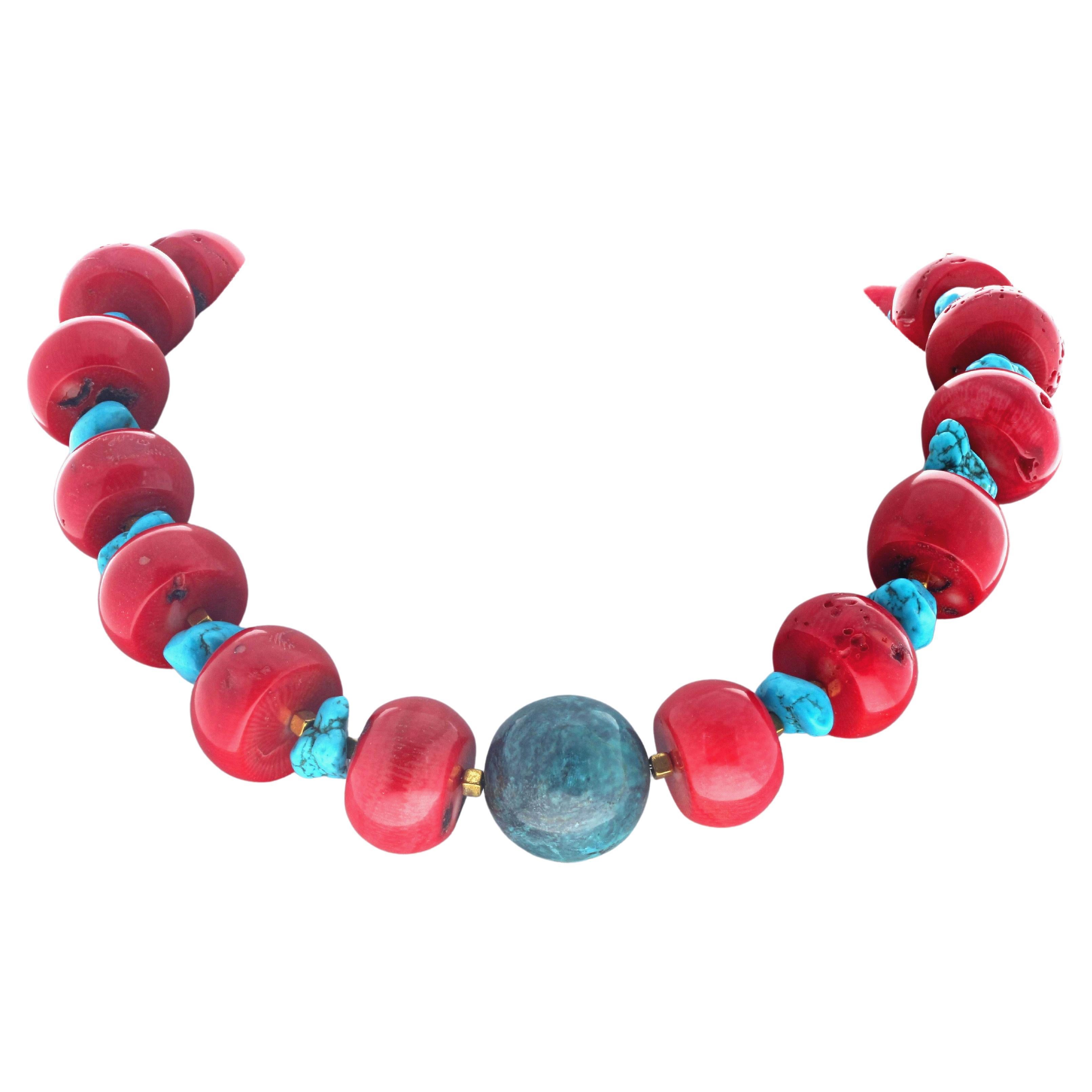AJD Stunning Natural Real Coral & Turquoise Magnesite & Azurite 18 1/2"Necklace  For Sale