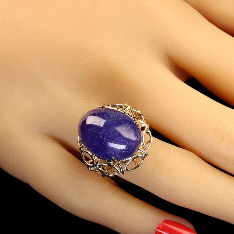 Artisan AJD Tanzanite 27Ct Oval Cabochon in 14K Yellow Gold Ring For Sale