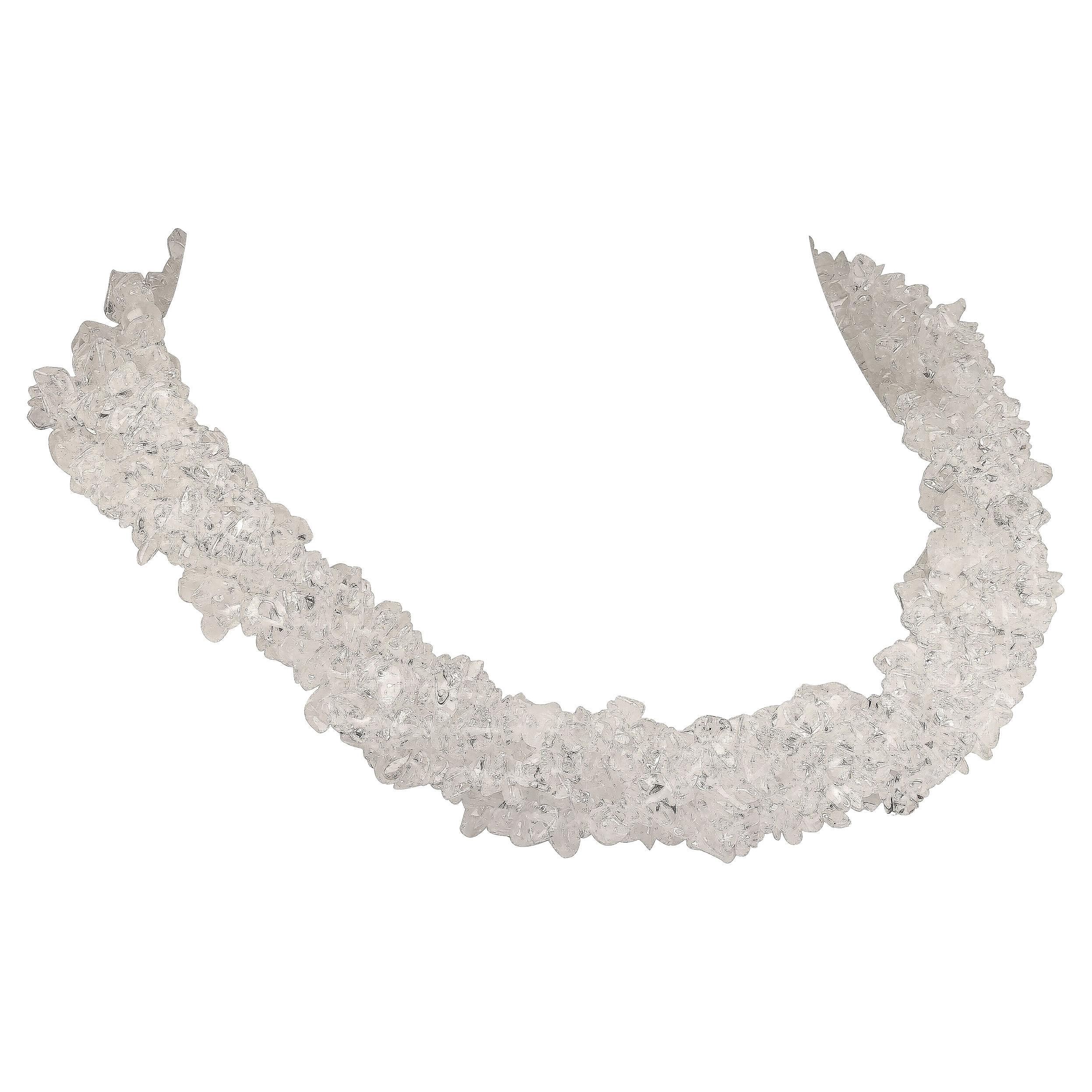 Three 34 inch highly polished infinity Quartz Crystal necklaces. These necklaces are secured with both a silver tone and a gold tone clasp to complete their versatility. Wear them long or double and twist for a more elegant tailored look. Quartz
