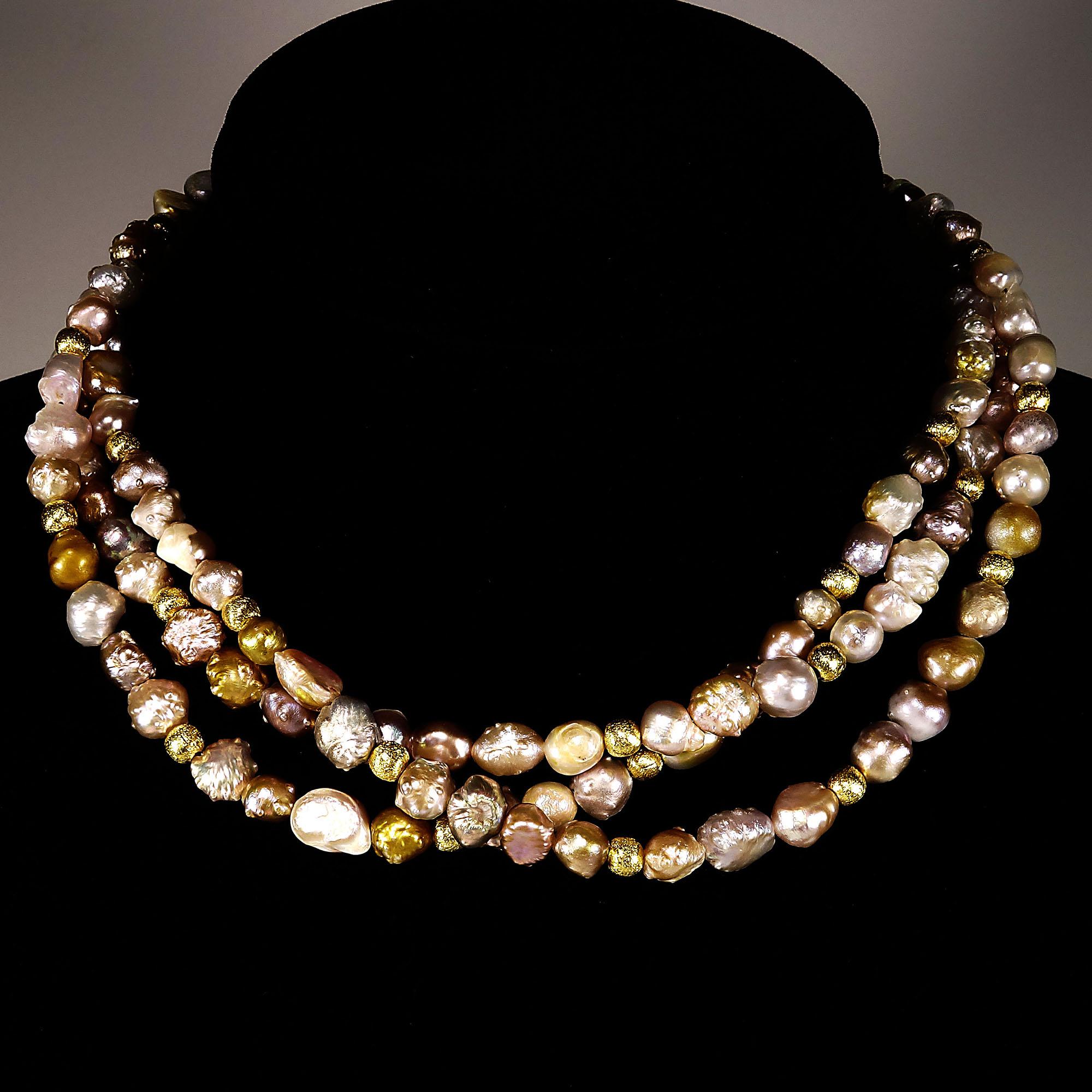AJD Three-Strand Choker of Rosebud Pearls  Golden Accents June Birthstone 2
