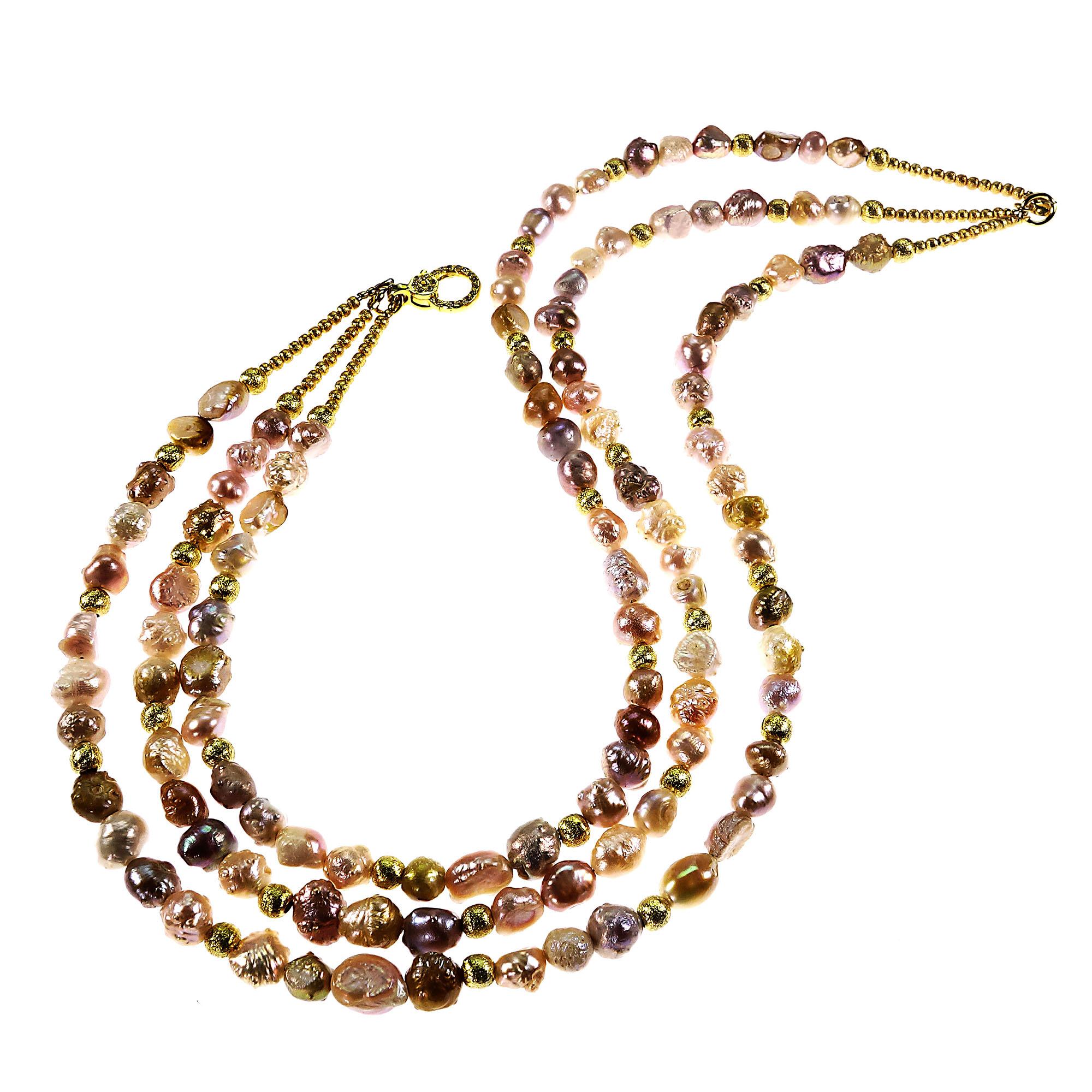AJD Three-Strand Choker of Rosebud Pearls  Golden Accents June Birthstone 3