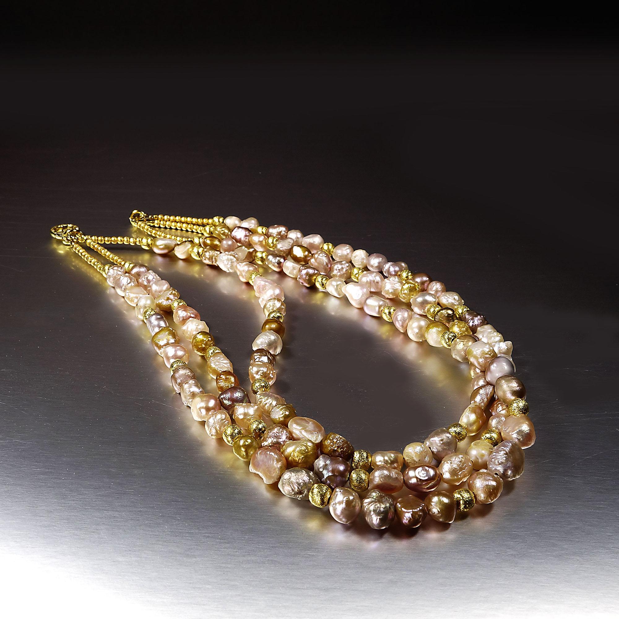 Women's or Men's AJD Three-Strand Choker of Rosebud Pearls  Golden Accents June Birthstone