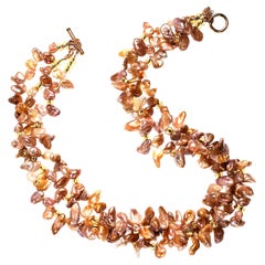AJD Three-Strand, Freeform Goldy-Gray Pearl Necklace  June Birthstone