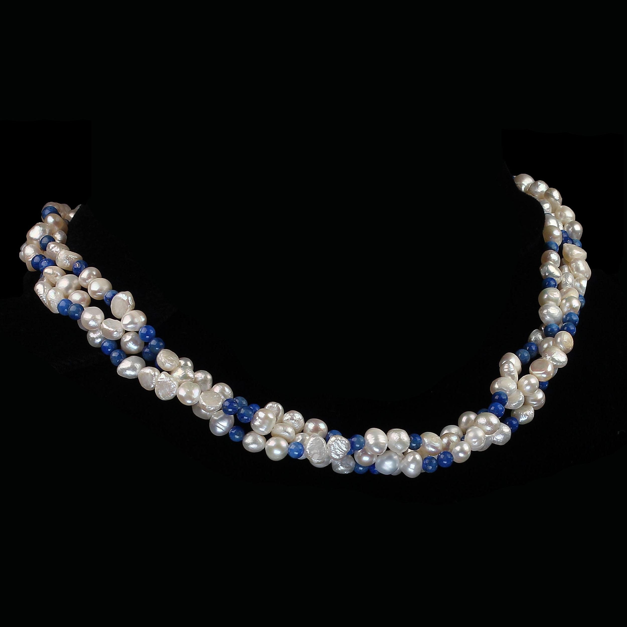 Artist AJD Three-Strand 17 Inch  Necklace  White Pearls and Lapis Lazuli   Great Gift!!