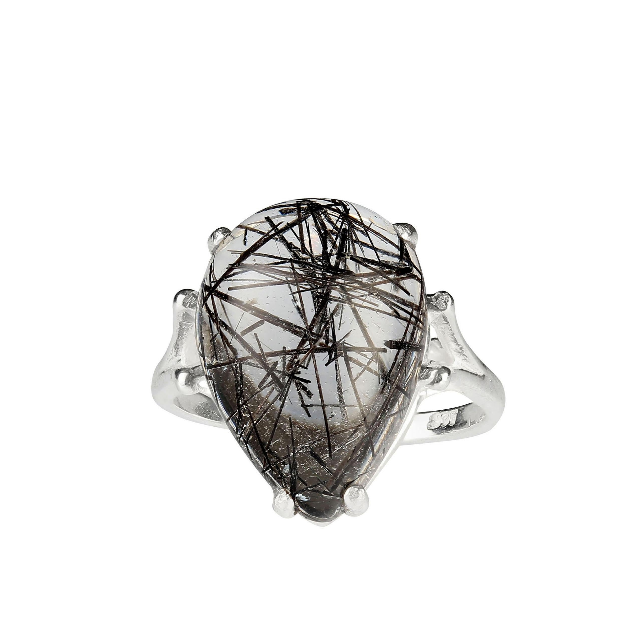 Women's or Men's AJD Tourmalinated Quartz Pear Shaped Cabochon in Sterling Silver Ring For Sale