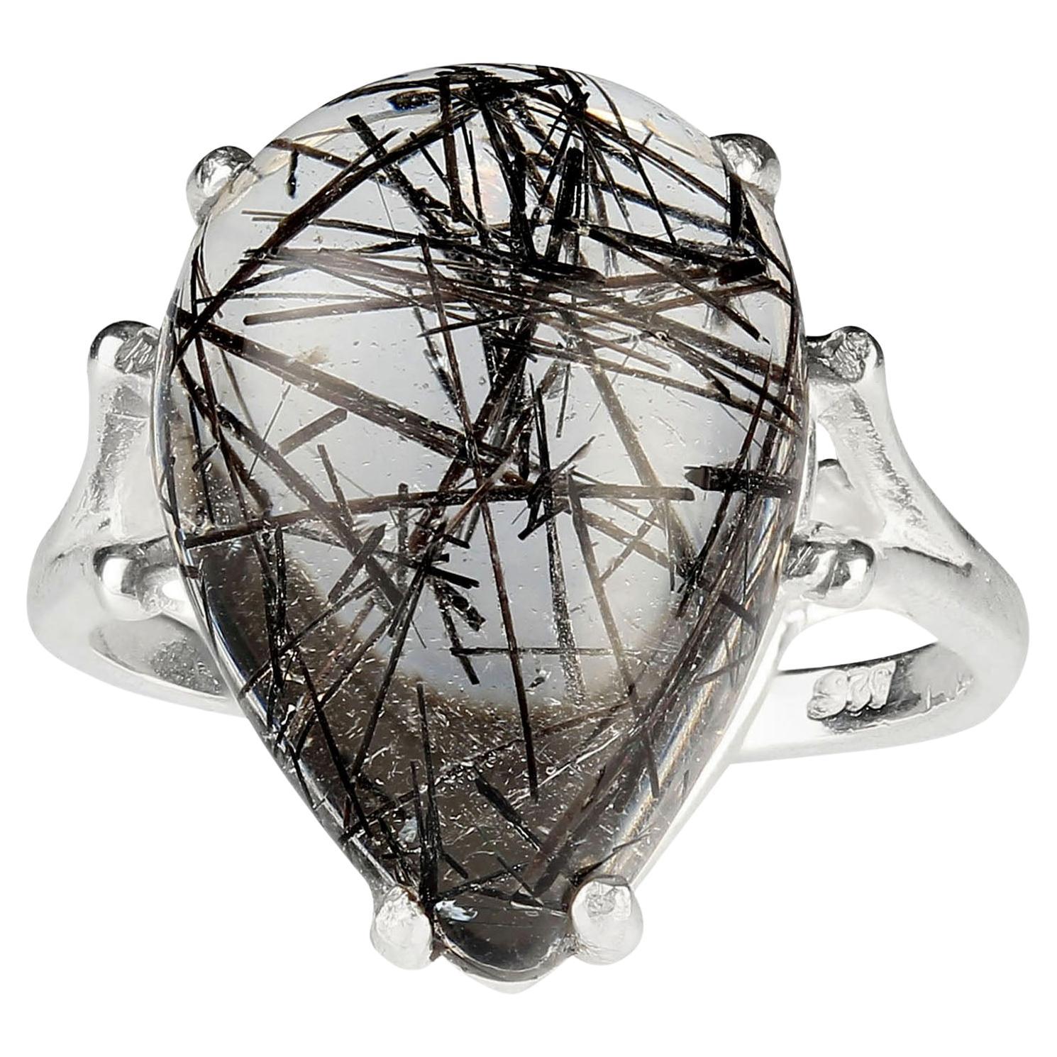 Artisan AJD Tourmalinated Quartz Pear Shaped Cabochon in Sterling Silver Ring For Sale