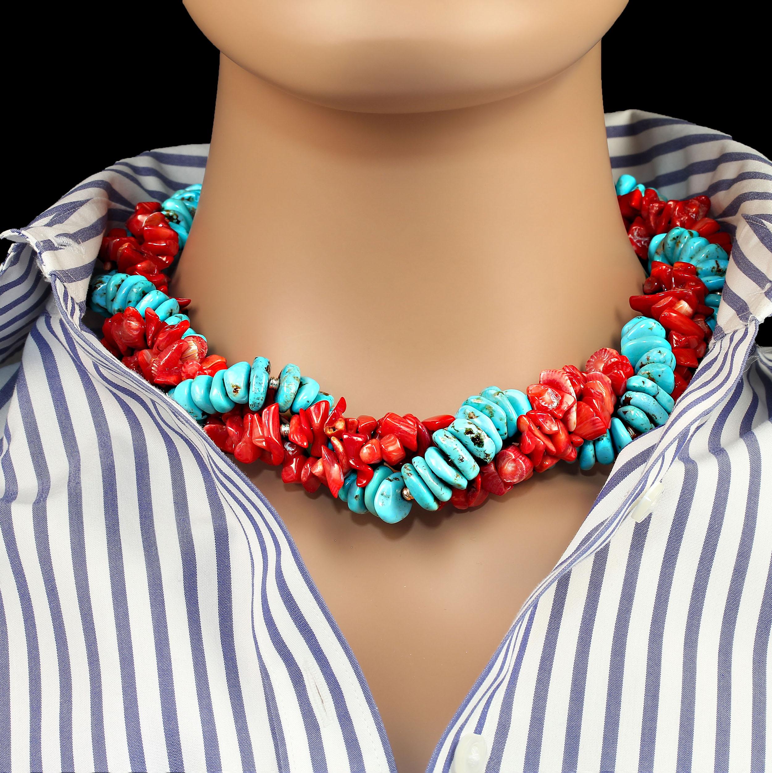 AJD Triple Strand Necklace of Southwest Style Red Coral and Hubei Turquoise For Sale