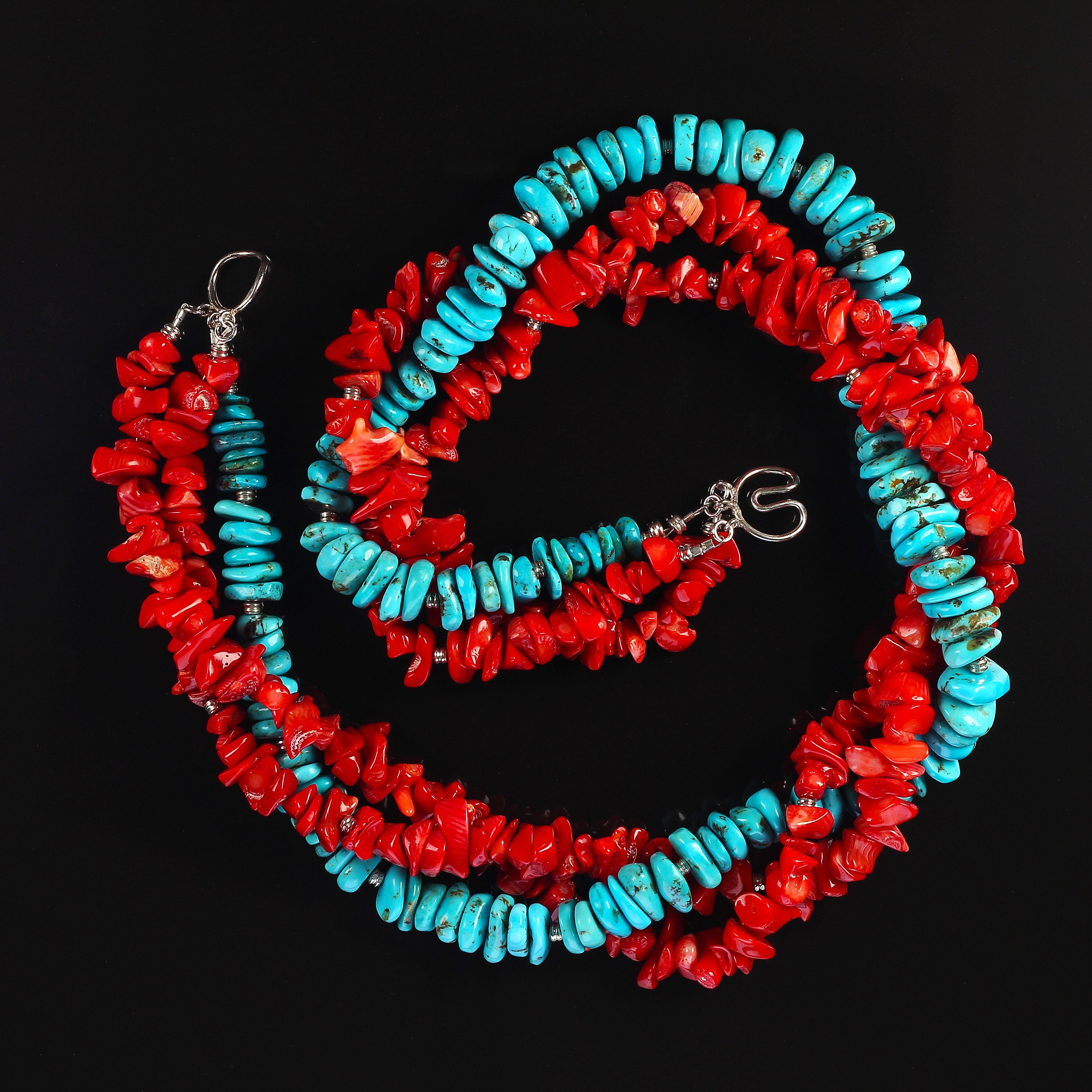 Women's or Men's AJD Triple Strand Necklace of Southwest Style Red Coral and Hubei Turquoise For Sale