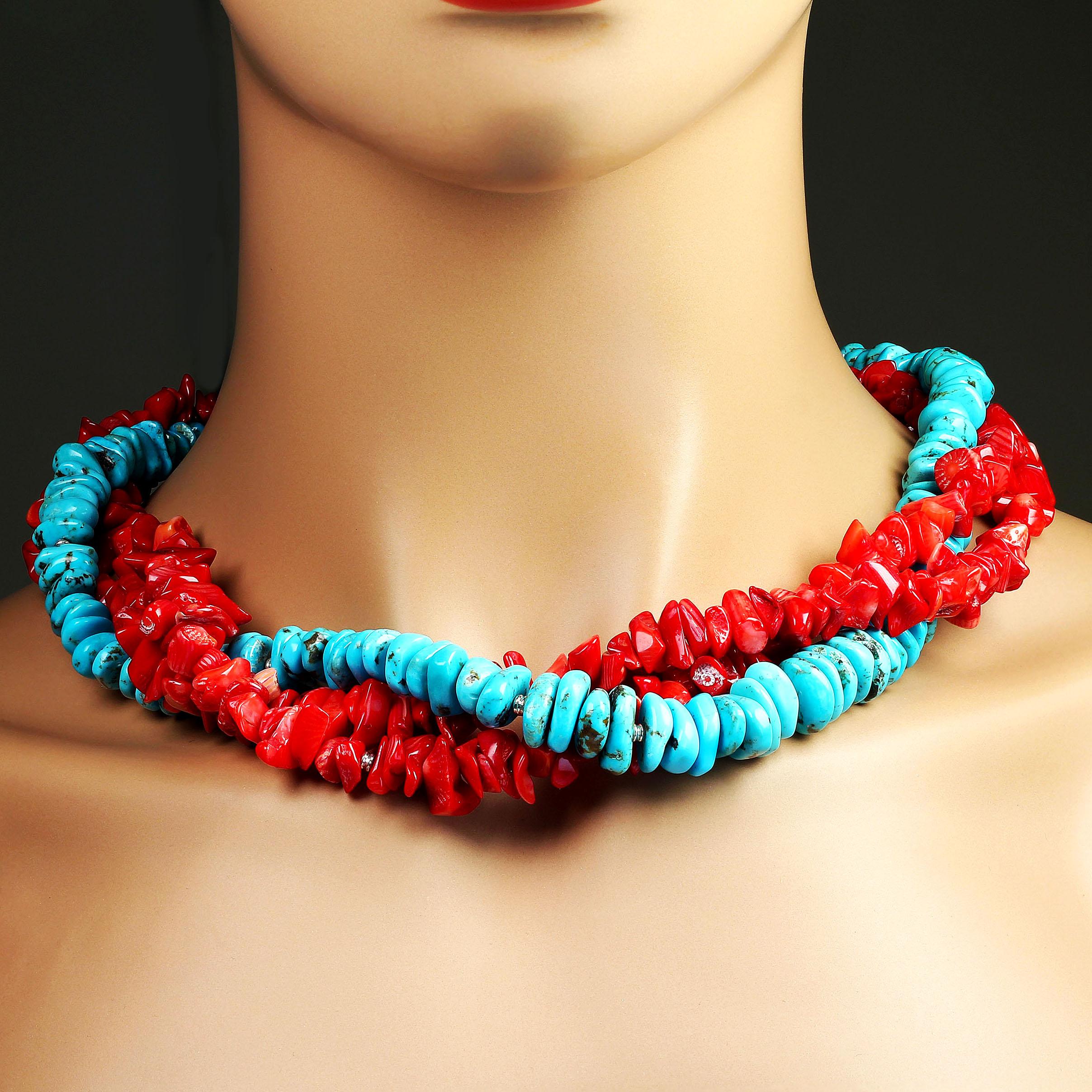 AJD Triple Strand Necklace of Southwest Style Red Coral and Hubei Turquoise For Sale 1