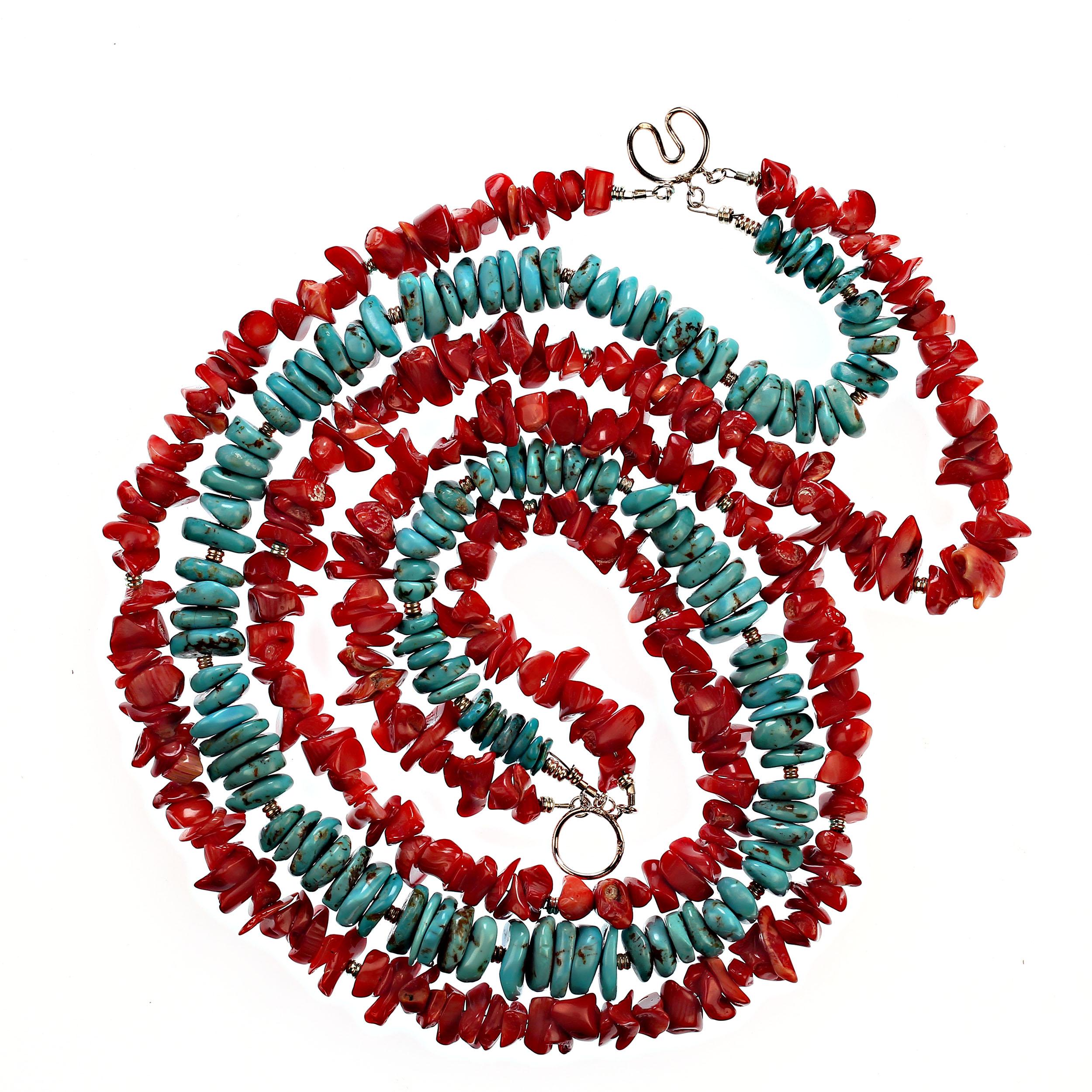 Sophisticated and fun 21 inch necklace of red coral chips and Hubei Turquoise slices. This unique necklace features two strands of highly polished chips of red coral and one strand of highly polished rondelles of Hubei Turquoise. All three strands
