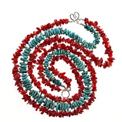 AJD Triple Strand Necklace of Southwest Style Red Coral and Hubei Turquoise