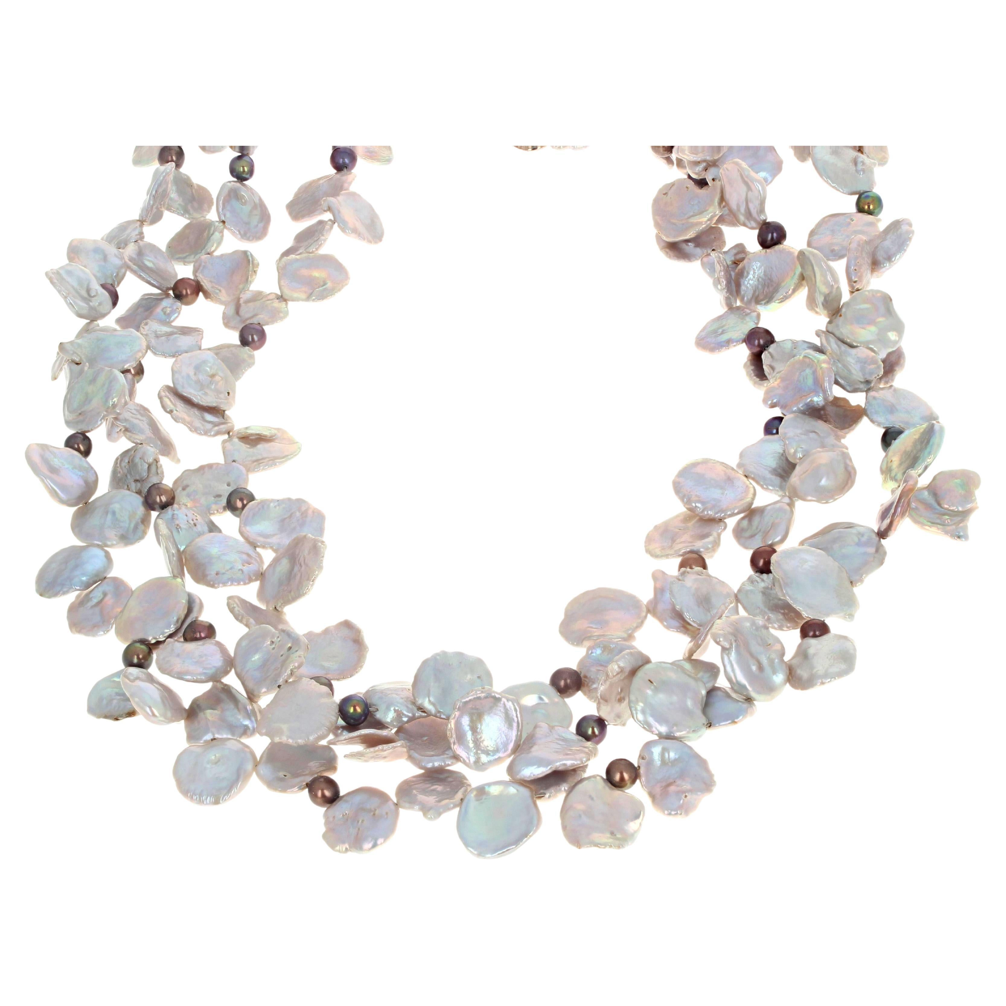 AJD Triple Strand of Brightly Glowing Natural Cultured Pearls 19" Necklace For Sale