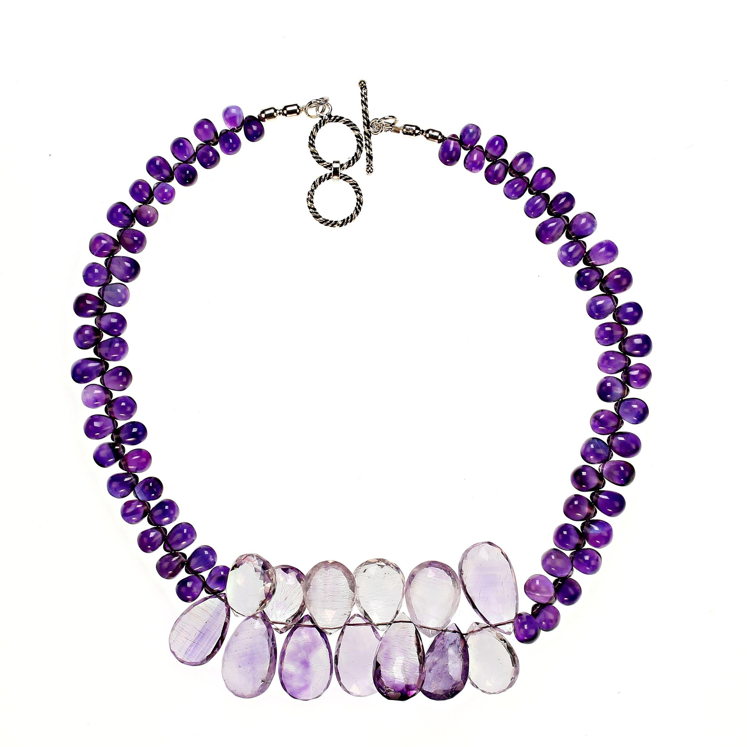 17 Inch unique and exquisite amethyst necklace.  The large faceted moss amethyst briolettes across 3 inches of the front of the necklace are sparkling. The entire remainder of the 17 inch necklace are glowing smooth amethyst broilettes. The necklace